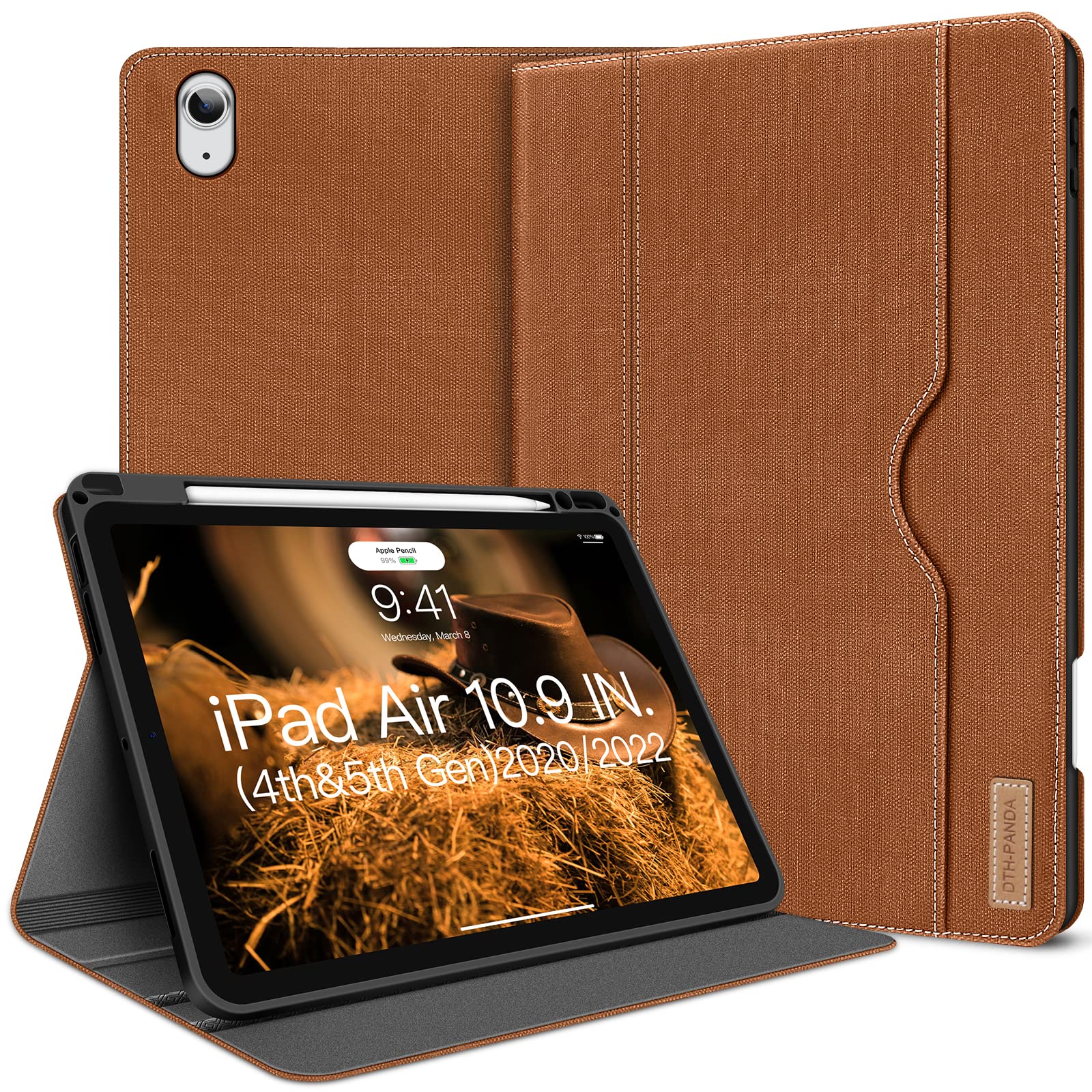 DTH-PANDA Premium PU Leather iPad Air 5th/4th Generation Case (2022/2020 Model) - 10.9 Inch Protective Cover with Card Pocket, Apple Pencil Holder & Auto Sleep/Wake - Caramel Brown | Perfect for Work, School & Travel
