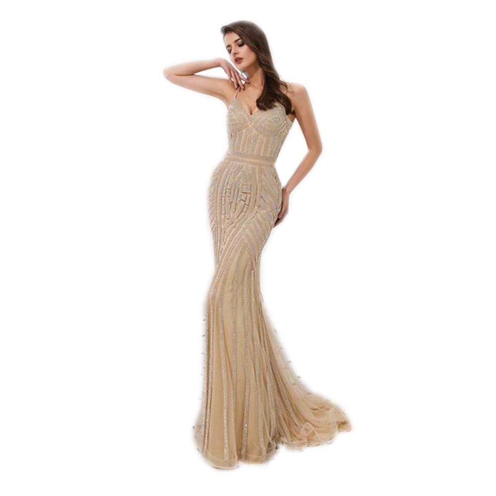 Elegant Women's Sexy Spaghetti Strap Mermaid Beaded Prom Evening Dress for Formal Parties & Special Occasions