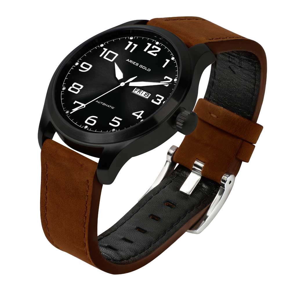 ARIES GOLD Automatic Men's Watch - Black Stainless Steel Case with Brown Leather Strap (Model G 9017 BK) | Luxury Dress Watch for Business, Formal Occasions & Everyday Wear