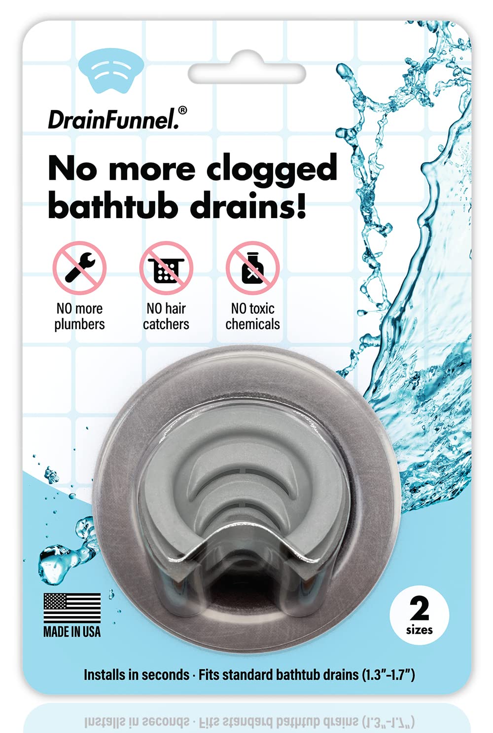 Bathtub Drain Funnel for Hair Clog Prevention - 2 Size Pack (1.3