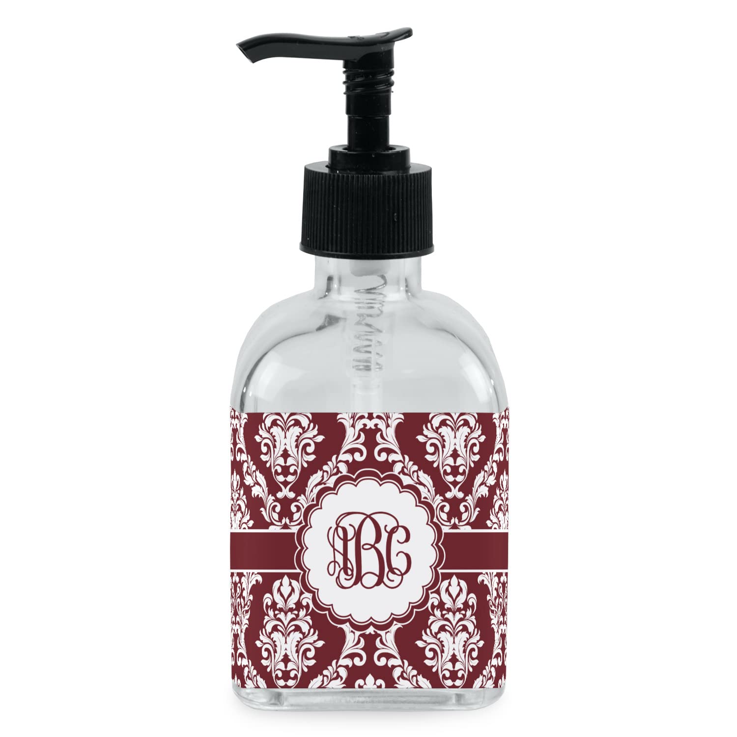 Personalized Maroon & White Glass Soap Dispenser & Lotion Bottle - Elegant Bathroom Decor for Home, Spa, or Wedding Gift