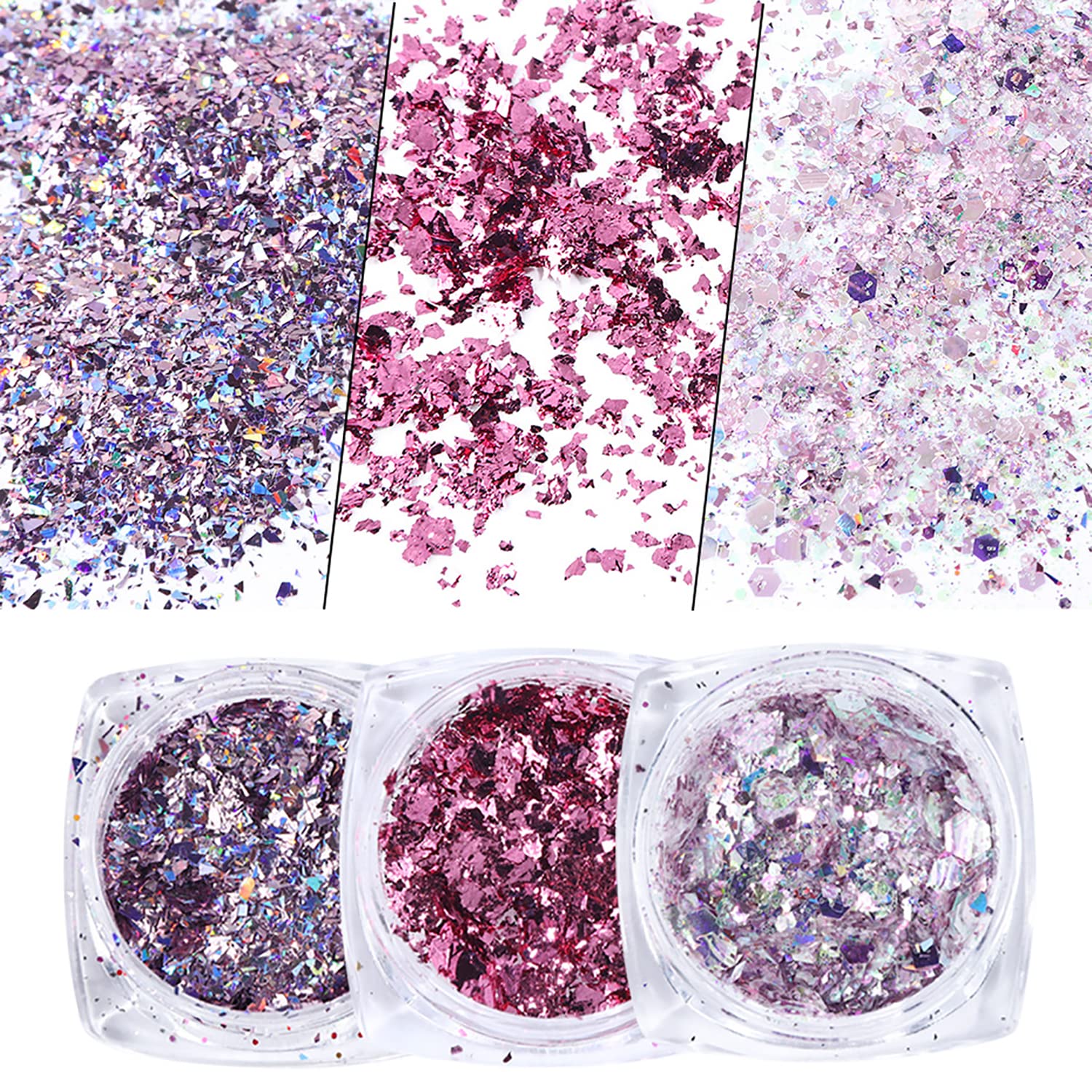 GOGOONLY 8-Piece Holographic Nail Glitter Set - Metallic Shining Flakes & Sequins for Nail Art Decoration (Magenta) | Professional Salon & DIY Manicure at Home