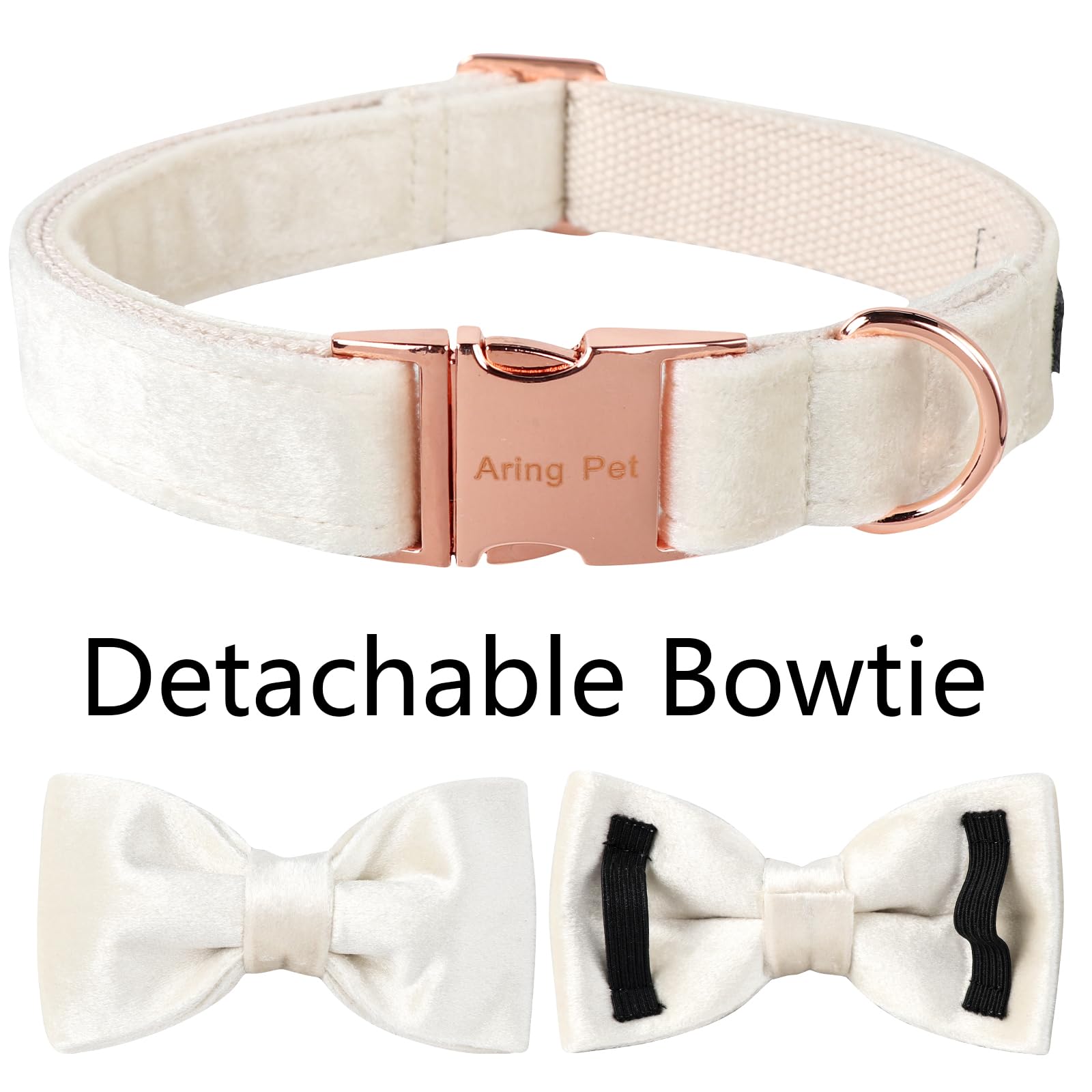 ARING PET Velvet Dog Collar with Detachable Bowtie - White Wedding Soft Dog Collar for Small Dogs - Perfect for Weddings, Parties & Special Occasions