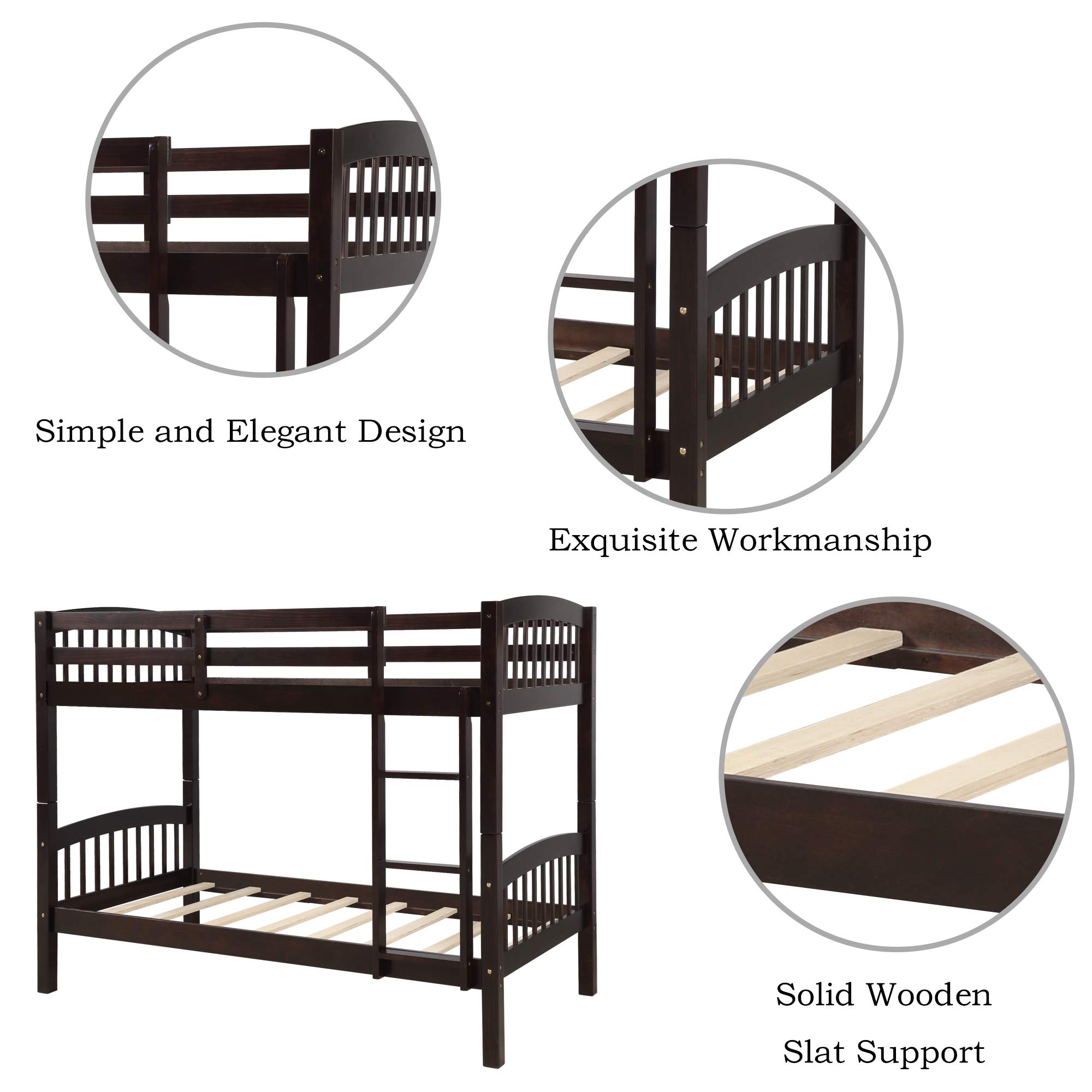 JULYFOX Twin Over Twin Bunk Bed with Finsbury Headboard - Heavy Duty 500 LB Capacity Wooden Bed Frame, No Box Spring Needed, Includes Ladder & Safety Guard Rails - Space Saving Solution for Kids Rooms, Guest Rooms & Small Apartments (Espresso)