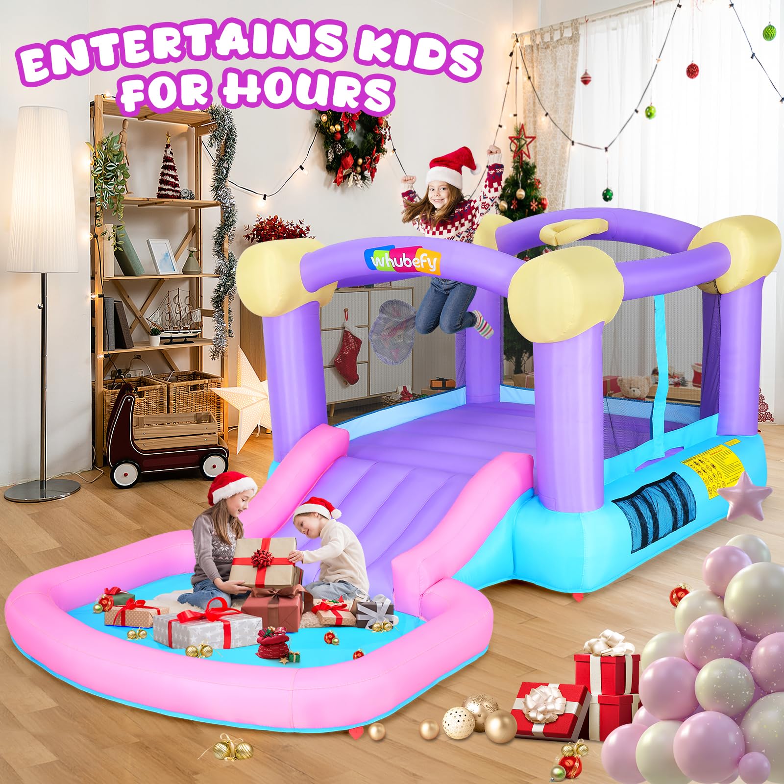 Inflatable Bounce House for Kids 3-6 Years - Pink Jumping Castle with Ball Pit, Slide & 470W Blower | Includes 50 Ocean Balls & 6 Sticky Darts | Indoor/Outdoor Toddler Playhouse for Birthday Parties, Backyard Fun & Girls' Gift Ideas