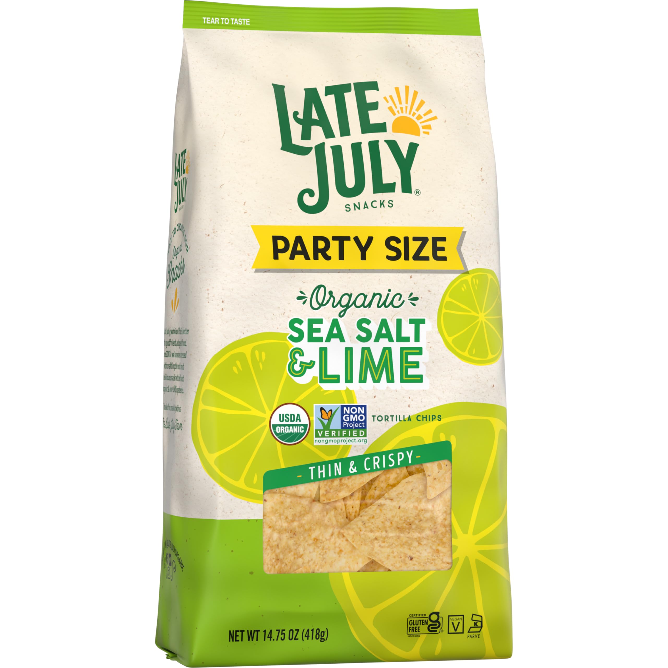 Organic Thin & Crispy Tortilla Chips - Sea Salt & Lime Flavor | Late July Snacks | 14.75 oz Party Size Bag | Perfect for Parties, Movie Nights & Healthy Snacking