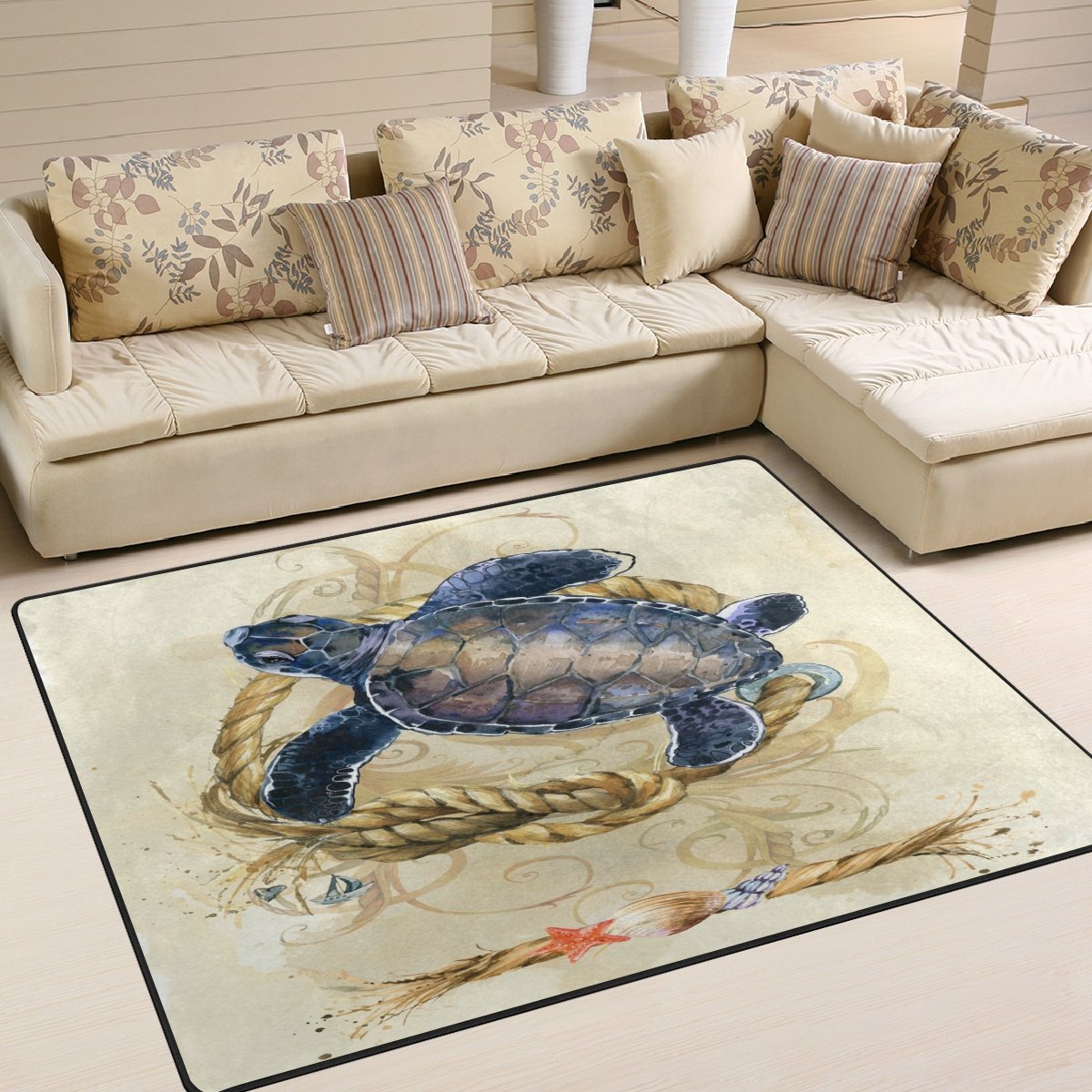 ALAZA Coastal Beach Decor Sea Turtle & Starfish Area Rug 5'3