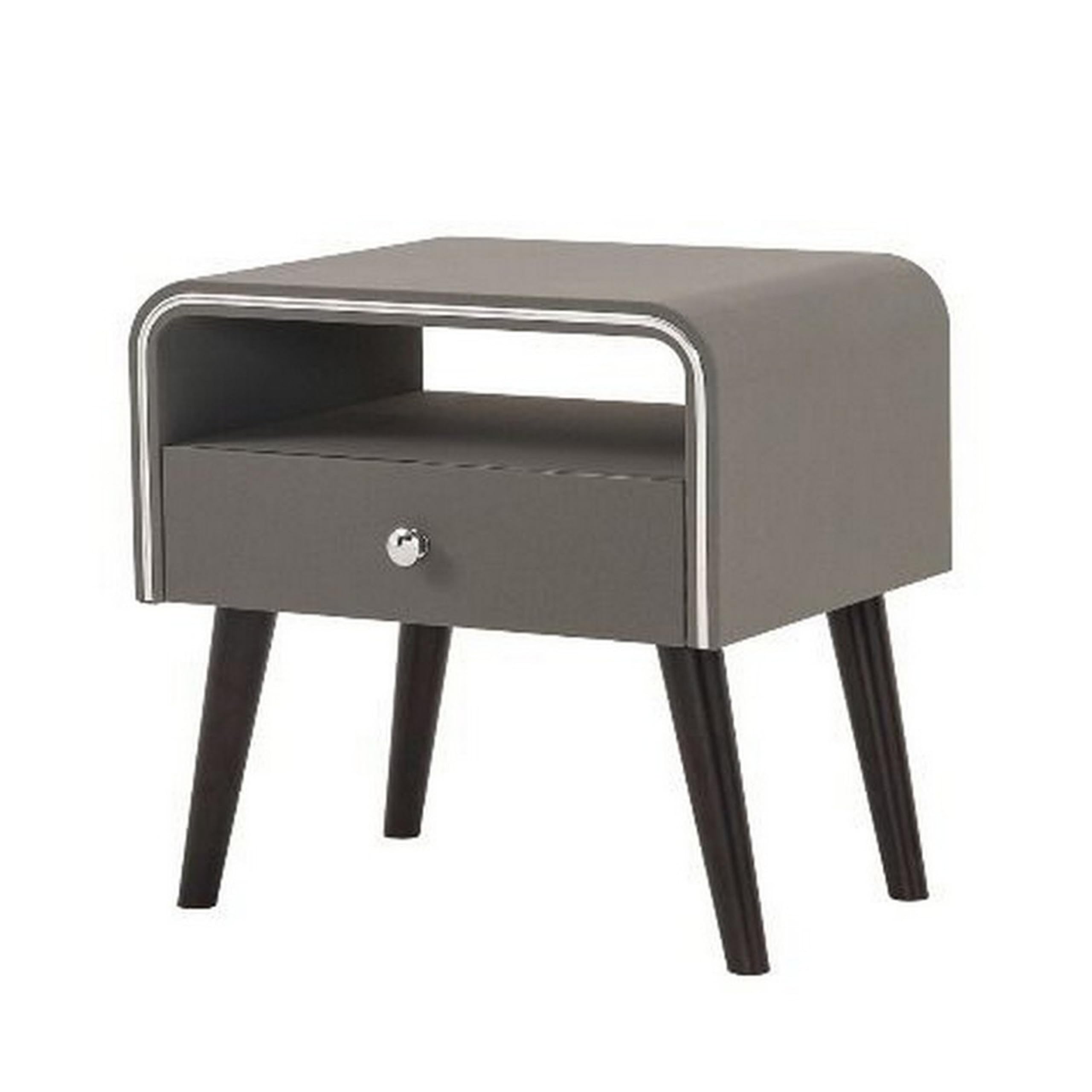 Benjara Modern Gray and Brown Nightstand with Chrome Trim - 1 Drawer Curved Edge Bedside Table for Bedroom, Living Room, or Office