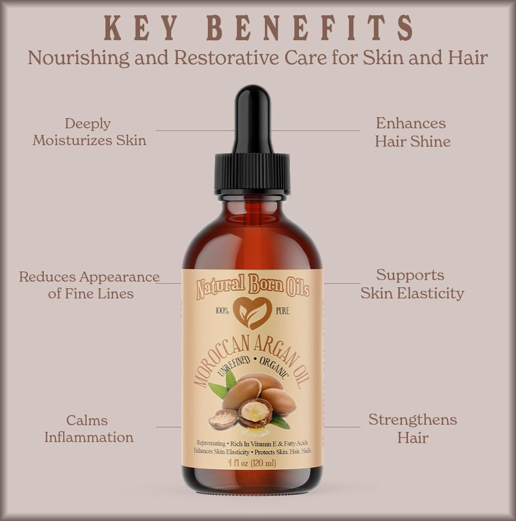 100% Pure Cold-Pressed Organic Moroccan Argan Oil - 2oz Natural Moisturizer for Skin & Hair Care | Hydrating Treatment for Dry Face, Scalp & Split Ends | Vegan & Cruelty-Free Beauty Essential