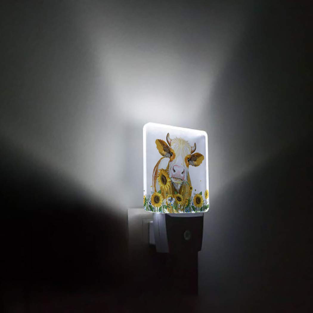 LED Night Light Plug in for Bedroom & Nursery - Sunflower Cow Wall Light with Auto Sensor, Kids Room Decor for Boys & Girls | Perfect for Bedtime, Hallway Safety & Baby Monitoring