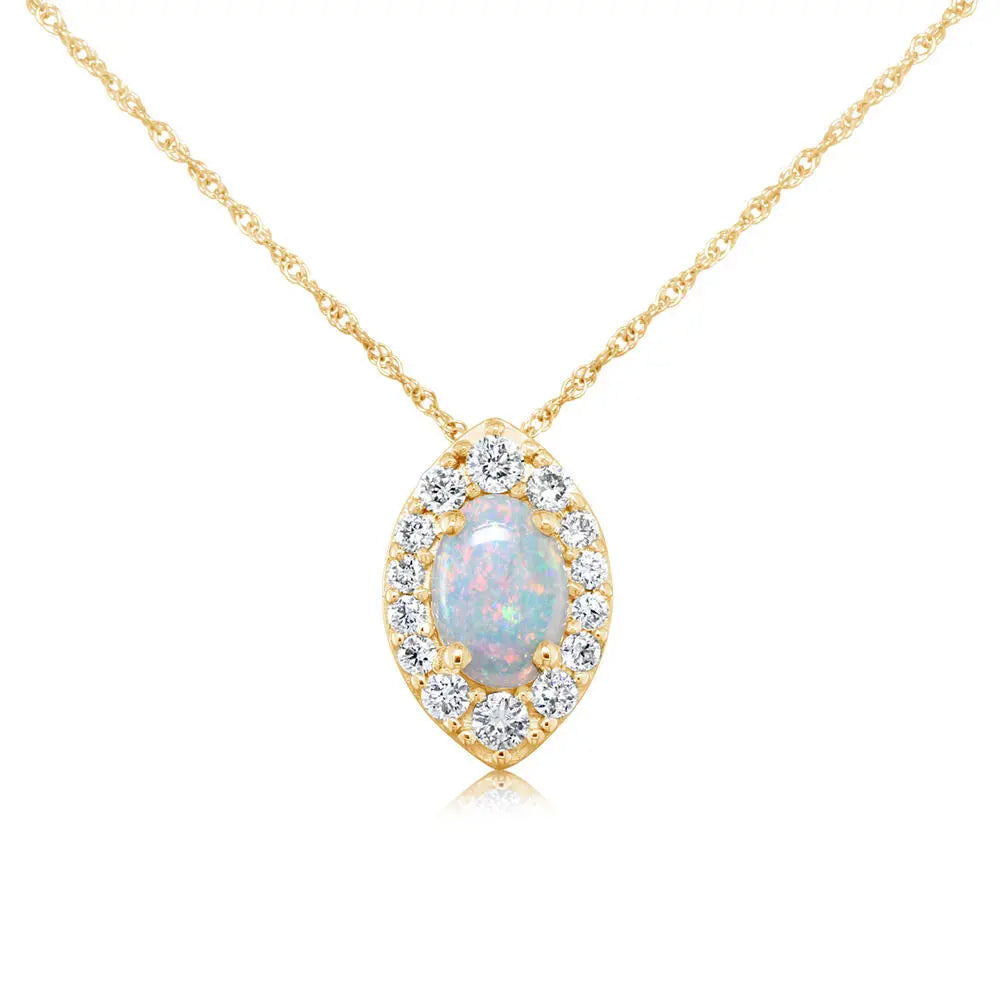 14K Gold Australian Opal and Diamond Pendant Necklace for Women - Elegant Birthstone Jewelry Gift for Birthday, Anniversary & Special Occasions