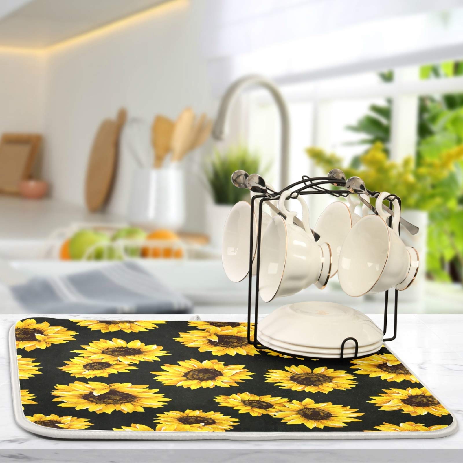 Absorbent Sunflower Dish Drying Mat - 16x18 Inch Polyester Kitchen Counter Mat with Hanging Loop | Quick-Dry Dish Rack Alternative for Sink, Countertop & Cabinet Organization
