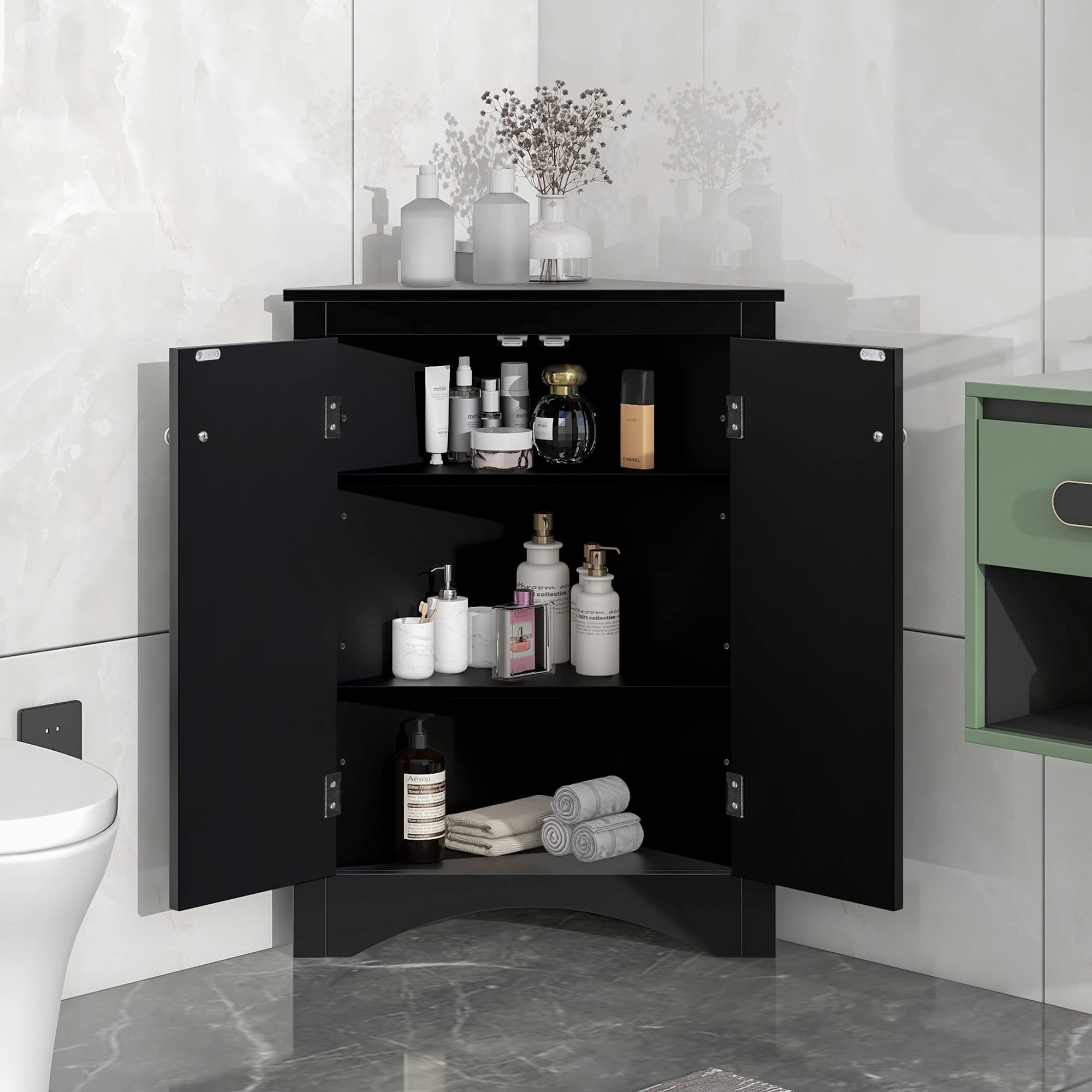 P PURLOVE Adjustable Bathroom Storage Cabinet - Triangle Freestanding Floor Organizer with Ample Space for Bathroom, Kitchen & Living Room | Perfect for Small Spaces, Home Organization & Bath Essentials Storage