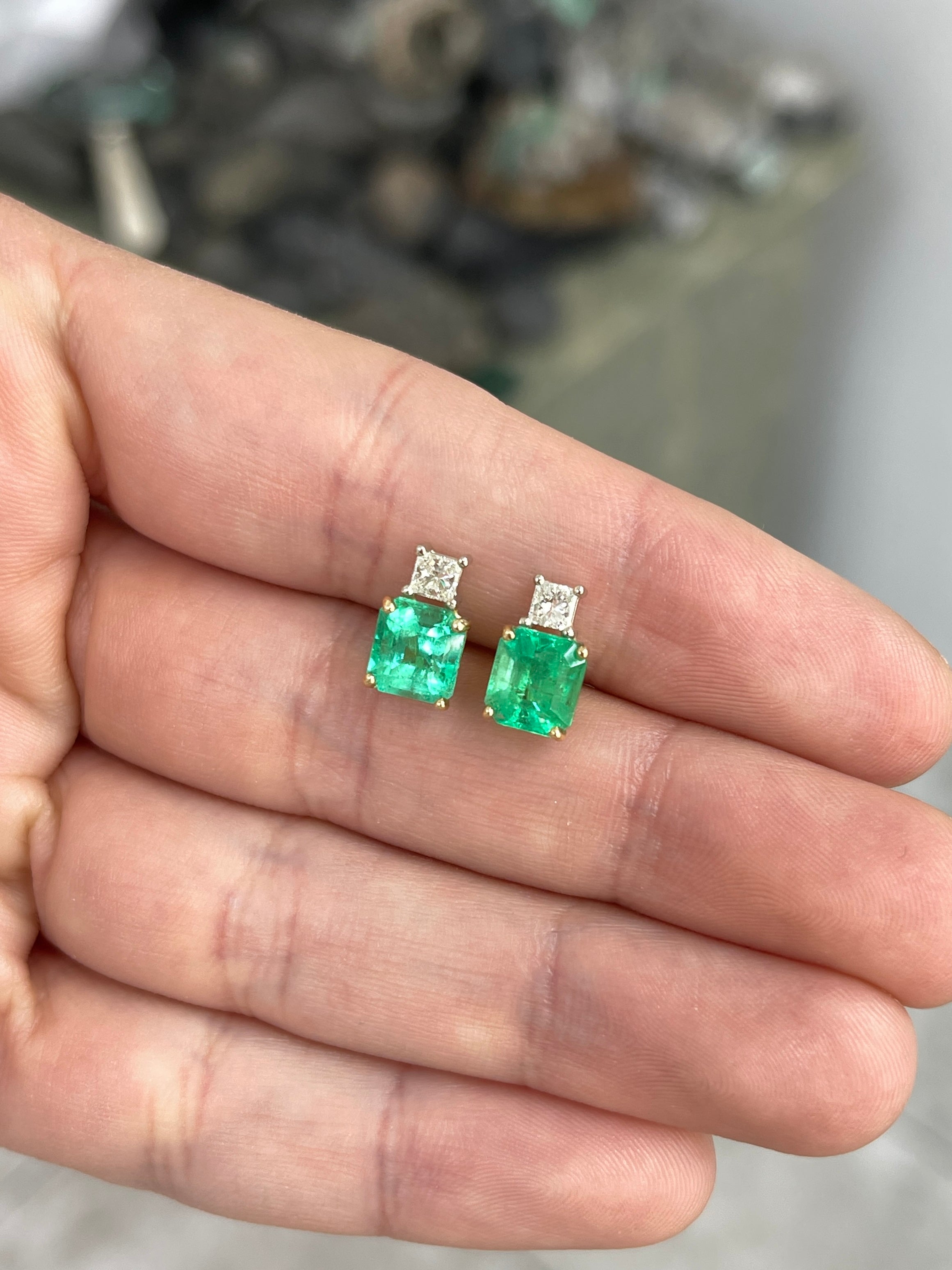 3.10tcw GIA Certified Colombian Emerald & Princess Cut Diamond Earrings in 18K Two-Tone Gold – Perfect for Weddings, Anniversaries & Special Occasions