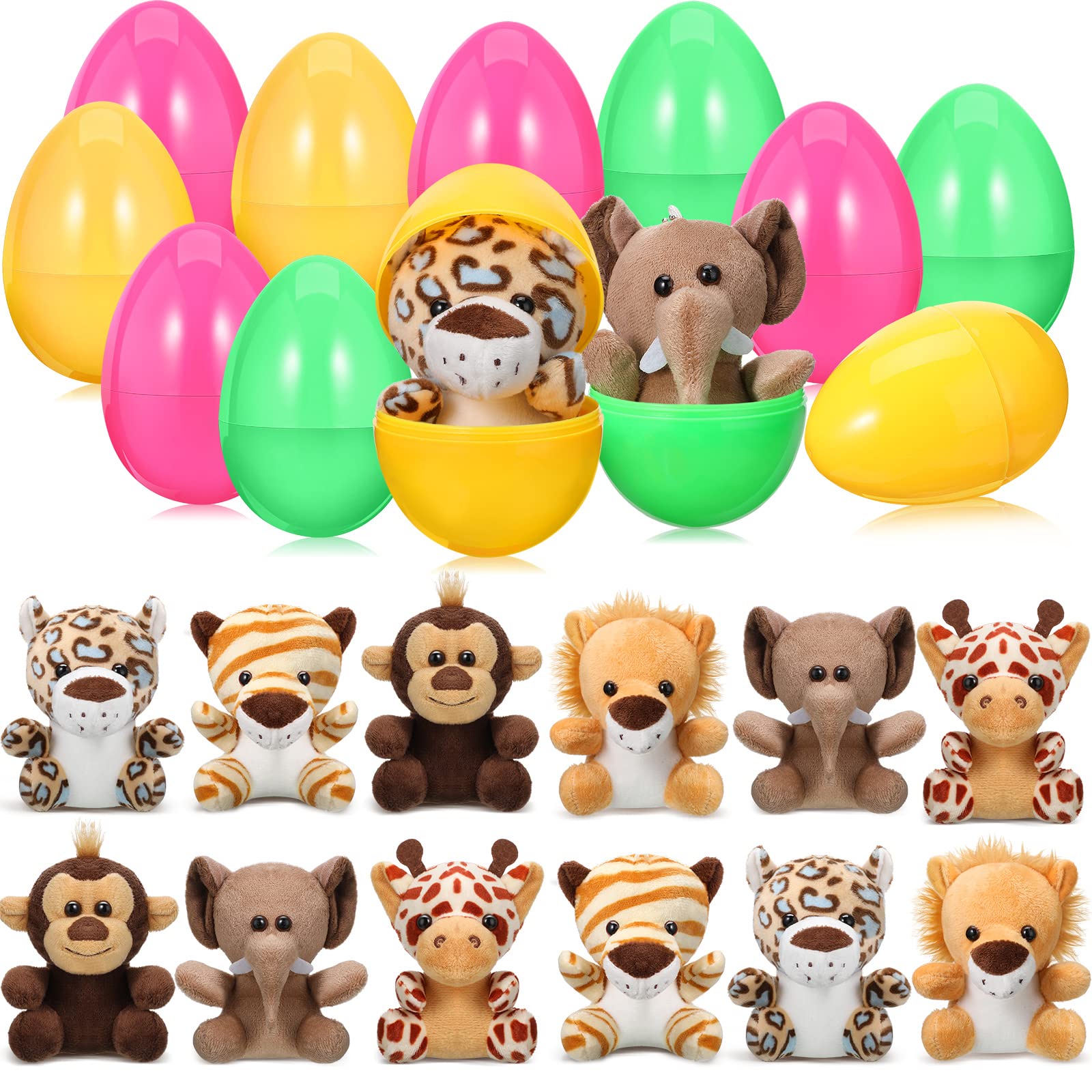 Skylety 12-Piece 4.8-Inch Stuffed Easter Eggs with Plush Forest Animals - Elephant, Giraffe & Tiger Toys Inside - Cute Easter Basket Stuffers & Party Favors for Kids' Easter Egg Hunts, Classroom Rewards & Spring Celebrations