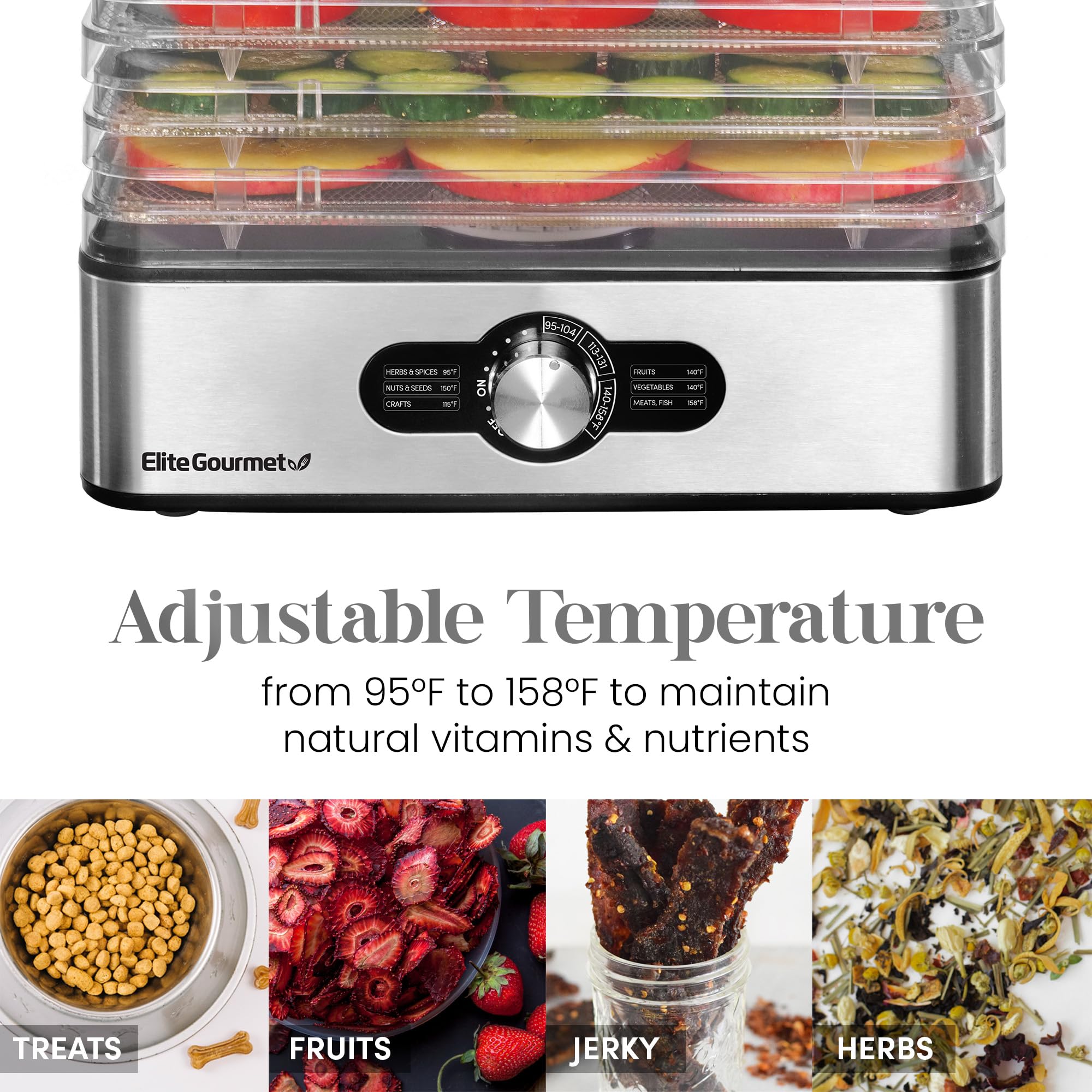 Elite Gourmet EFD3321X Stainless Steel Food Dehydrator with Adjustable Temperature - Perfect for Making Beef Jerky, Drying Herbs, Fruits, Vegetables & Healthy Snacks | Ideal for Home Kitchen, Camping & Meal Prep