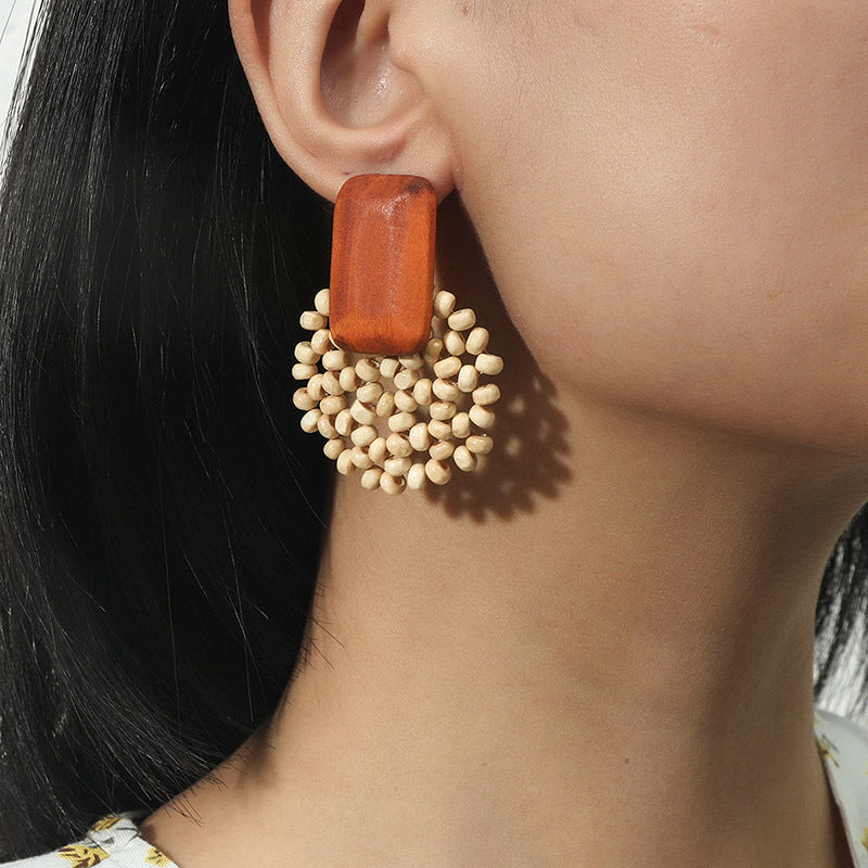 Boho Wooden Bead Drop Dangle Earrings for Women | Handmade Natural Wood Jewelry | Lightweight Statement Earrings for Casual Wear, Parties & Festivals | E9111