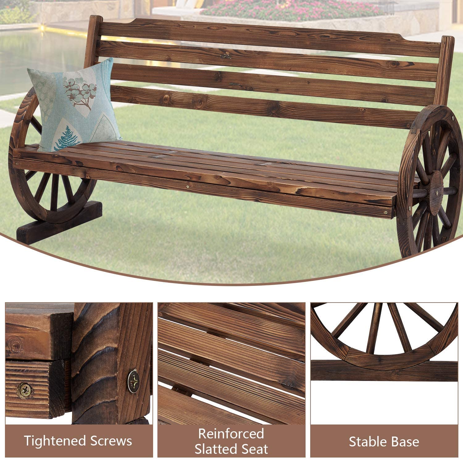 Kinsuite 2-Person Outdoor Wooden Bench - Rustic Wagon Wheel Garden Bench with Slatted Seat & Backrest, Fir Wood Patio Chair for Yard, Garden, and Porch Decor | Perfect for Outdoor Relaxation and Countryside Themed Spaces