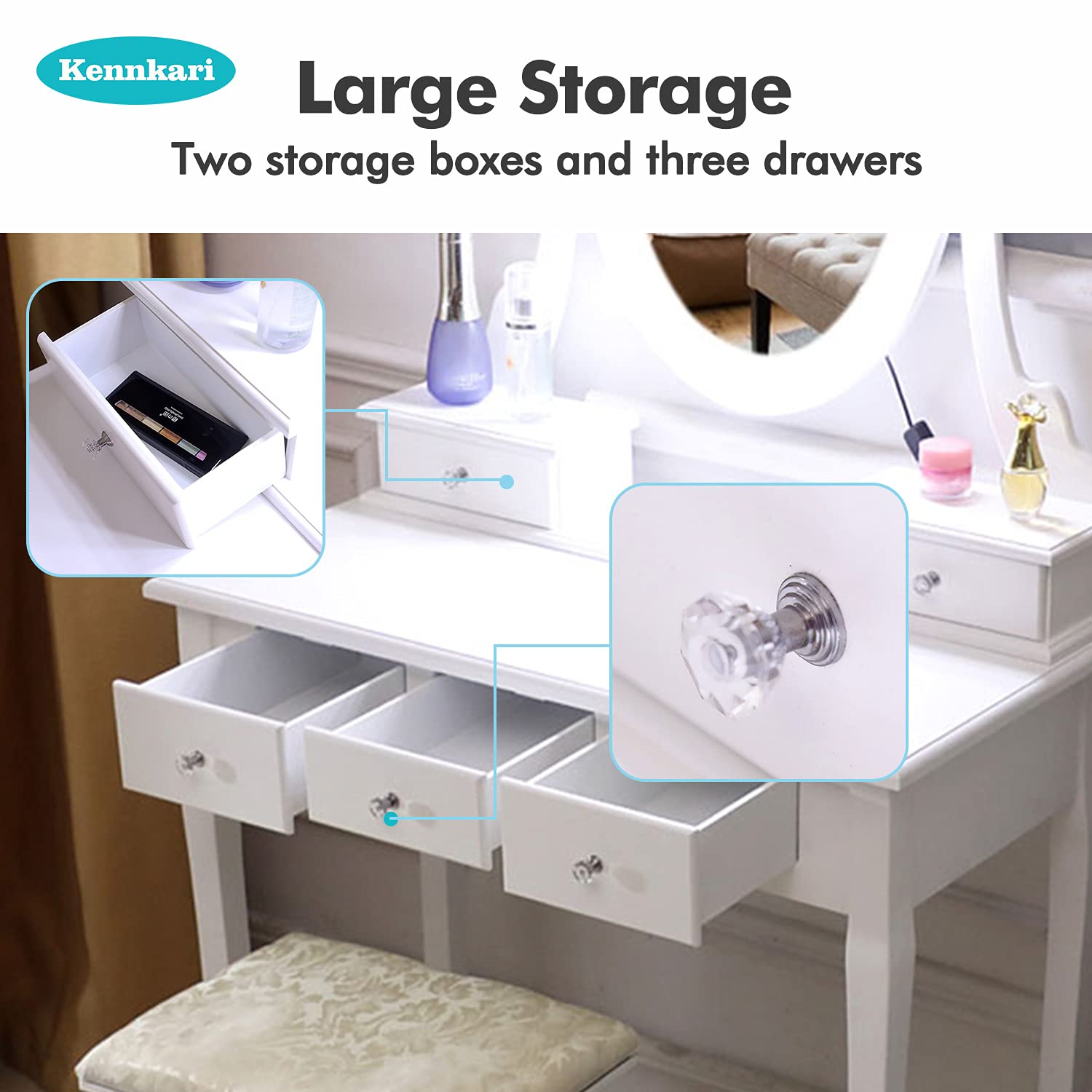 White Makeup Vanity Desk and Stool Set with LED Mirror - Small Dressing Table for Bedroom, Perfect for Beauty Routine & Makeup Application