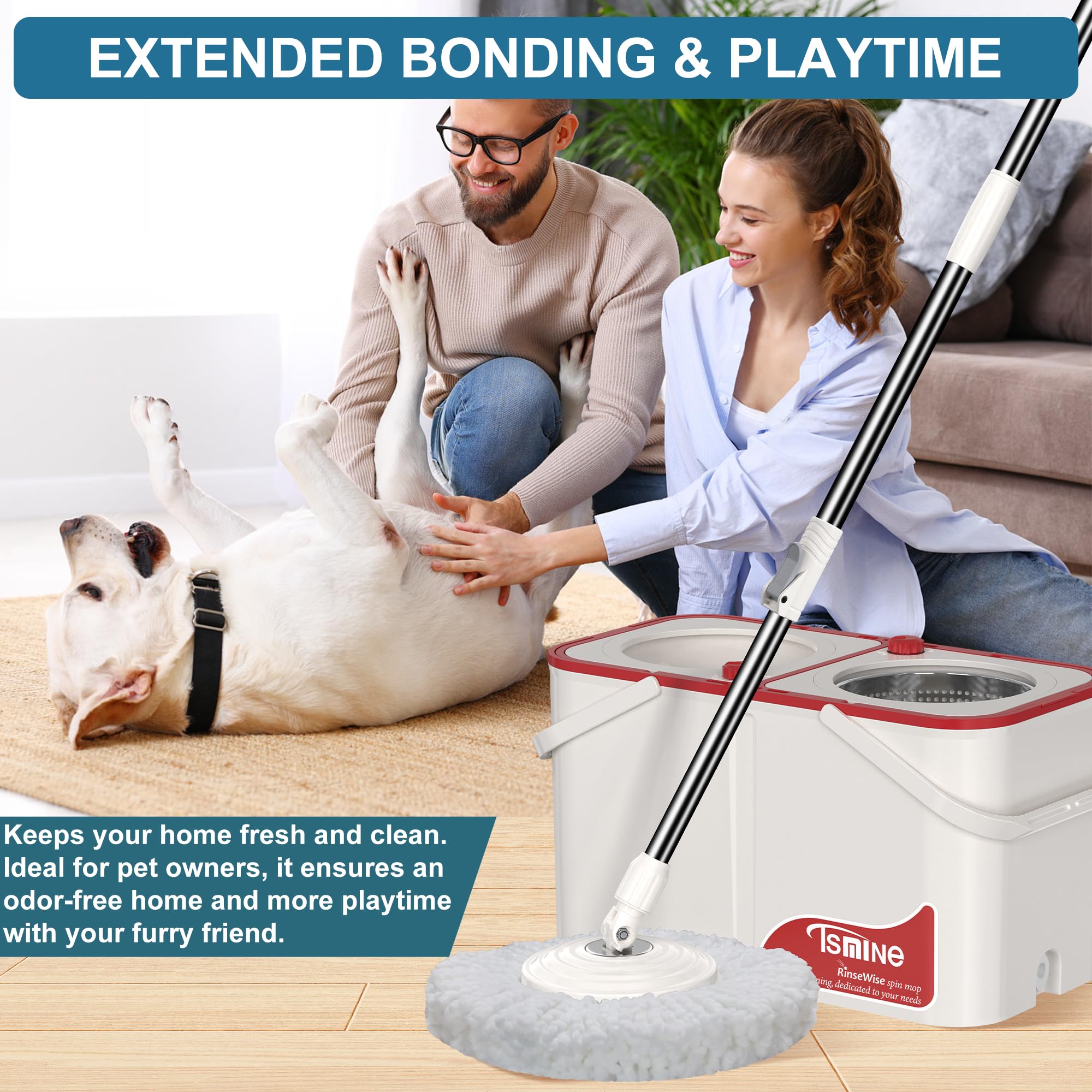 Spin Mop and Bucket Set with Wringer - 4-Chamber Cleaning System Separates Dirty/Clean Water - Includes 6 Replacement Mop Heads & 4-Wheel Design (White) - Perfect for Hardwood Floors, Tile, and Household Cleaning
