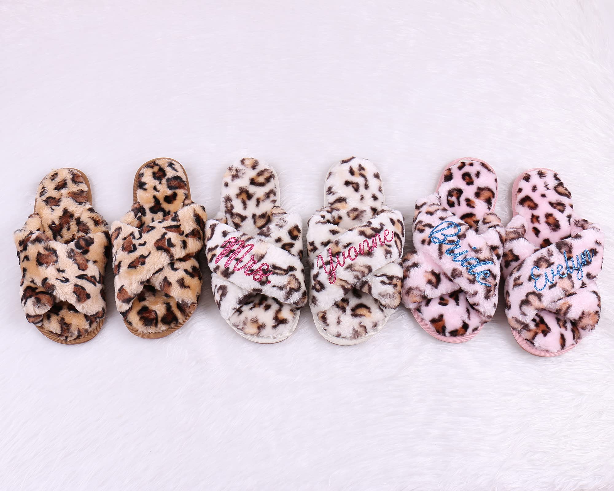 Personalized Fluffy Slippers for Women - Custom Name, Multiple Colors (Pink, White, Leopard, Tie Dye) - Cozy Spa & Bridesmaid Gifts - Perfect for Weddings, Bachelorette Parties & Relaxation at Home