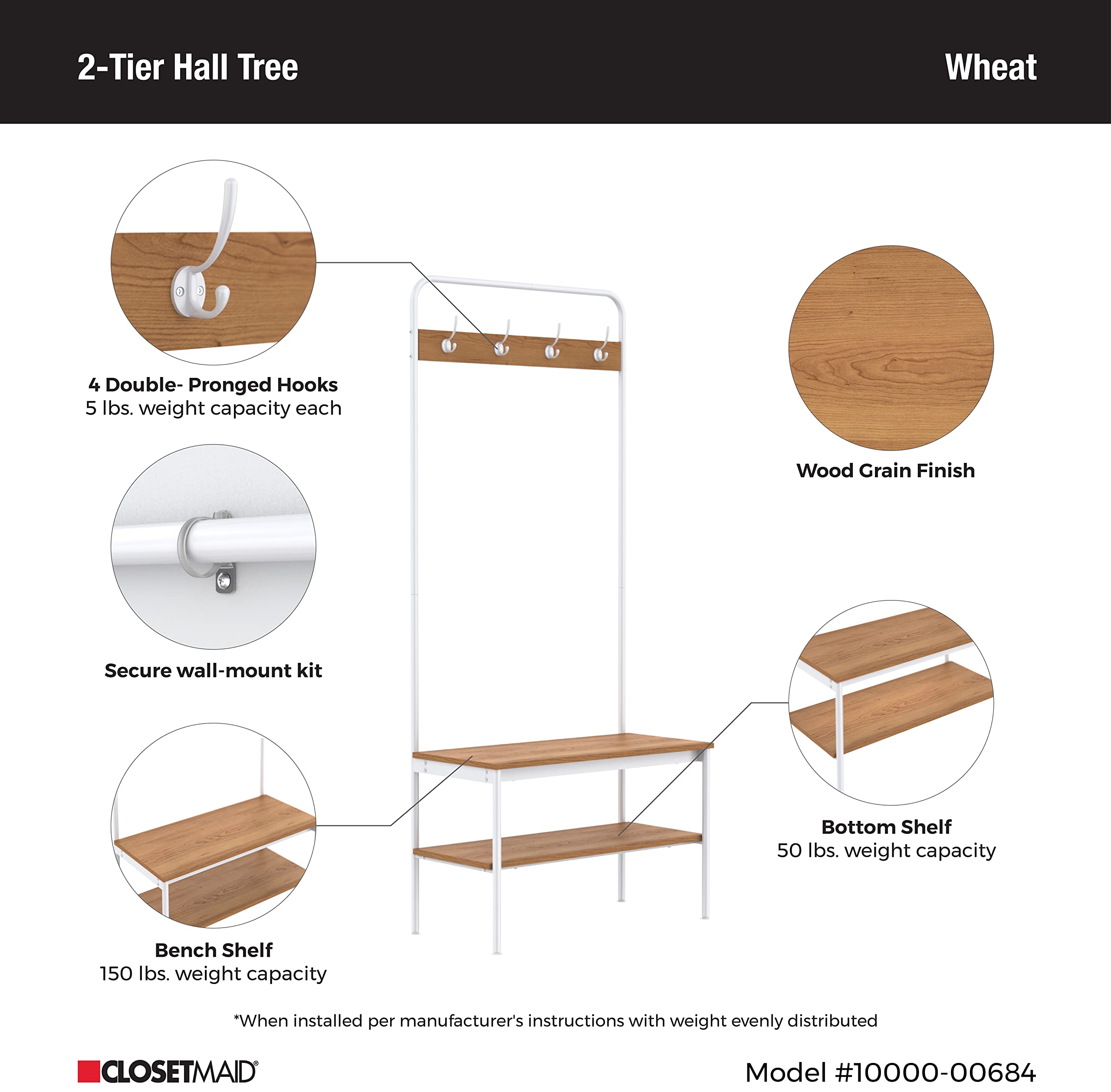 ClosetMaid Hall Tree with Shoe Bench - 4 Hooks & Storage Shelf - Coat Rack for Entryway - Wheat & White Metal - Perfect for Mudroom, Foyer & Home Organization