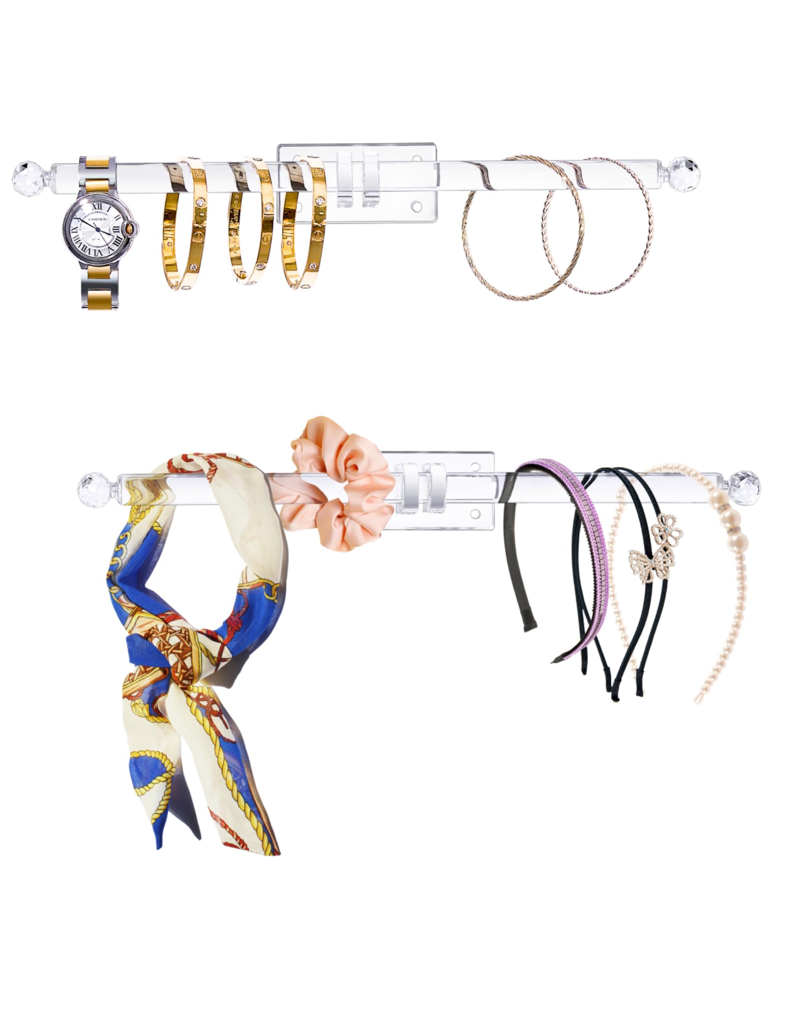 Acrylic Jewelry Organizer - 2-Pack Wall Mount Headband Holder, Bracelet Display Stand, Claw Clip & Necklace Organizer with Hooks for Baseball Caps, Watches, Hair Ties - Perfect for Bedroom, Bathroom & Closet Storage