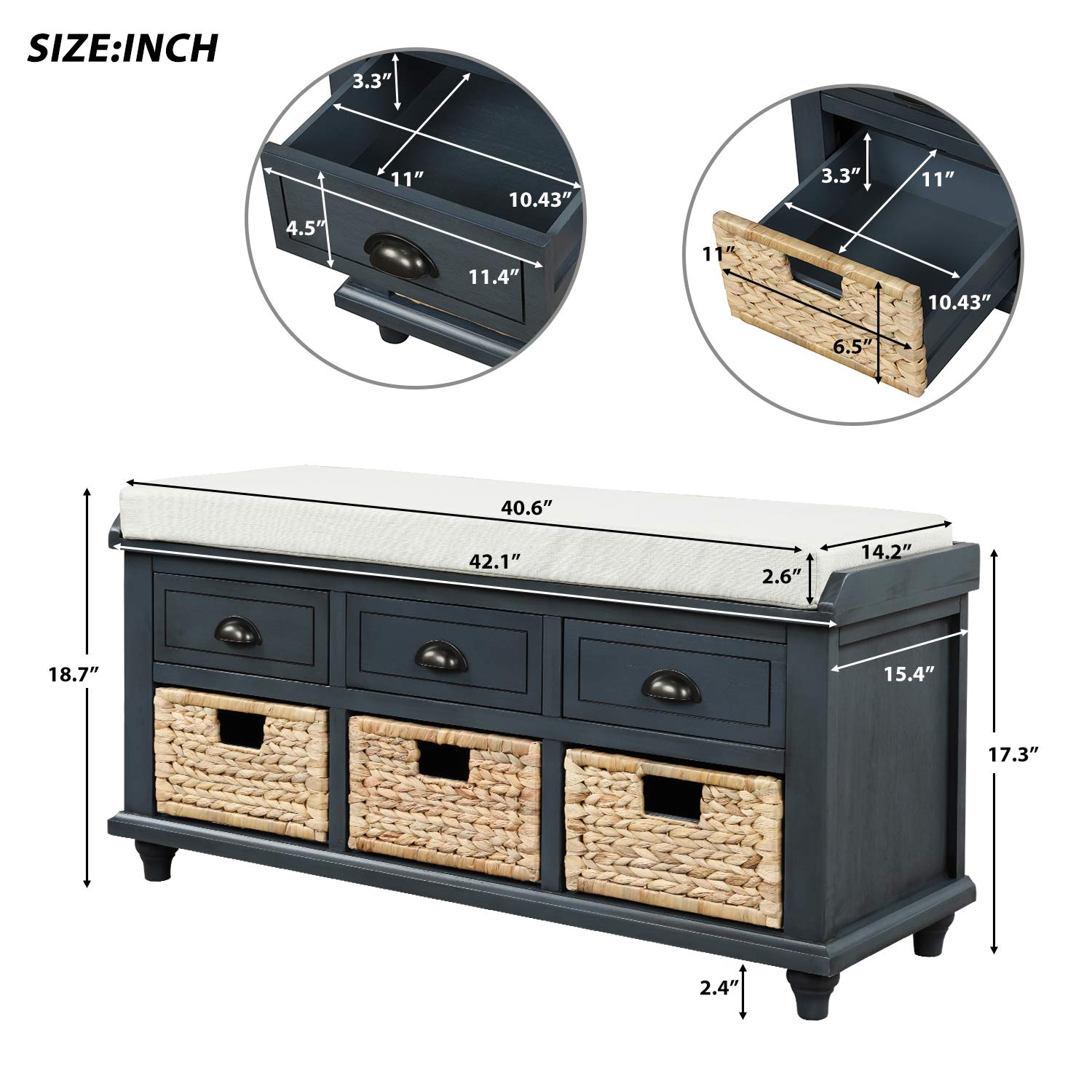 Rustic Entryway Storage Bench with Drawers & Baskets - for Shoes & Living Room Storage