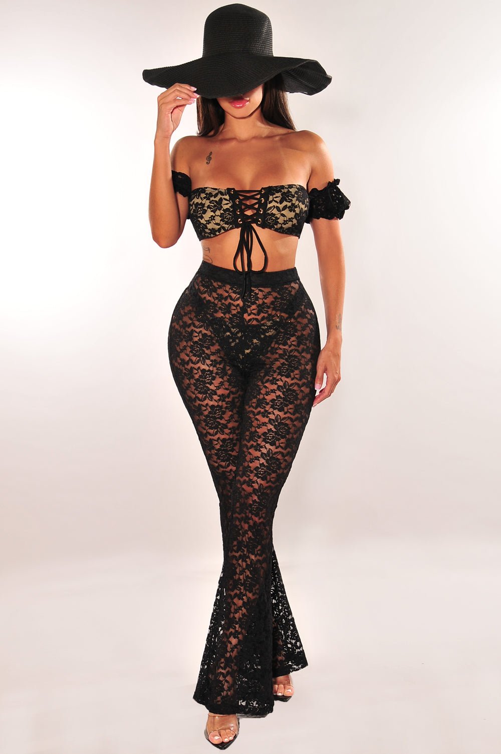 Black Floral Lace Sheer High Waist Flare Cover Up Pants for Women - Elegant Beachwear & Summer Fashion for Vacations, Parties and Date Nights