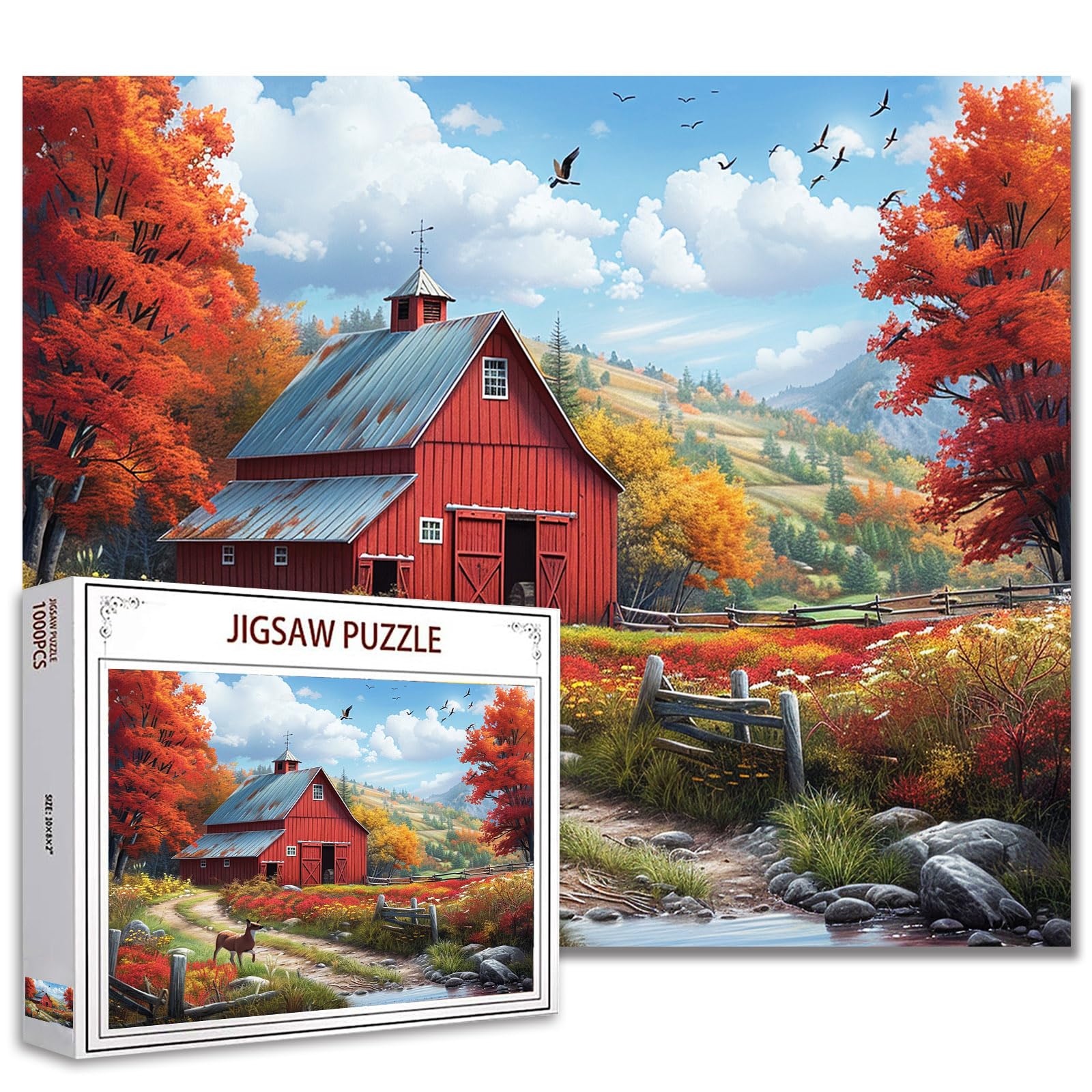 Tucocoo 1000-Piece Panoramic Barn Jigsaw Puzzle for Adults - Autumn Forest Wildlife Art Puzzle, Colorful DIY Home Decor Gift | Perfect for Family Game Nights, Stress Relief & Wall Art Display