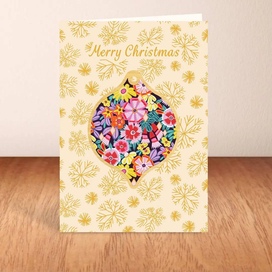 Christmas Greeting Card with Wooden Ornament - Floral Holiday Decor for Tree, Gift, and Festive Home Decoration