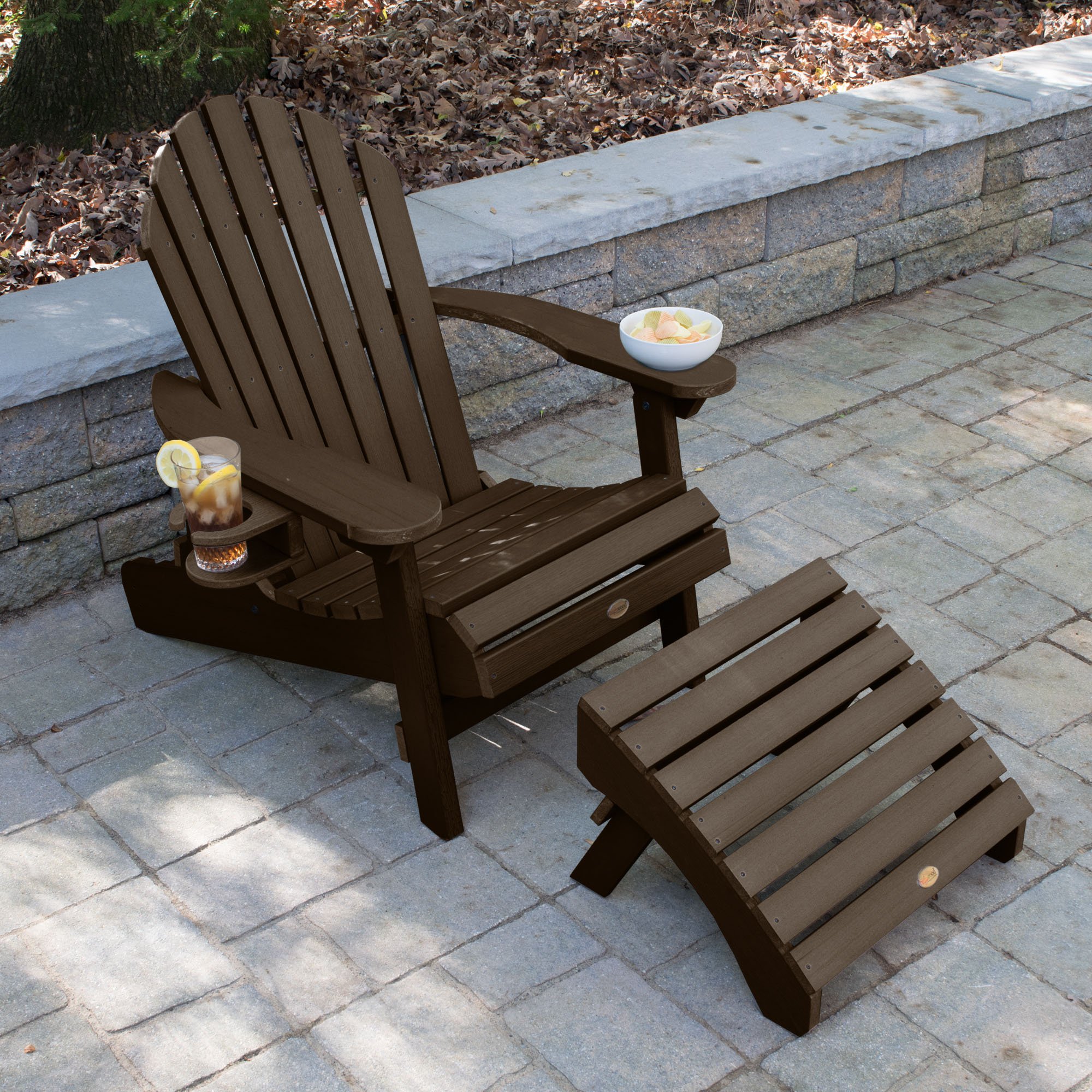 Highwood AD-KITCHL5-ACE Hamilton Folding & Reclining Adirondack Chair with Ottoman and Cup Holder, Weathered Acorn - Perfect for Patio, Deck, Poolside & Backyard Relaxation