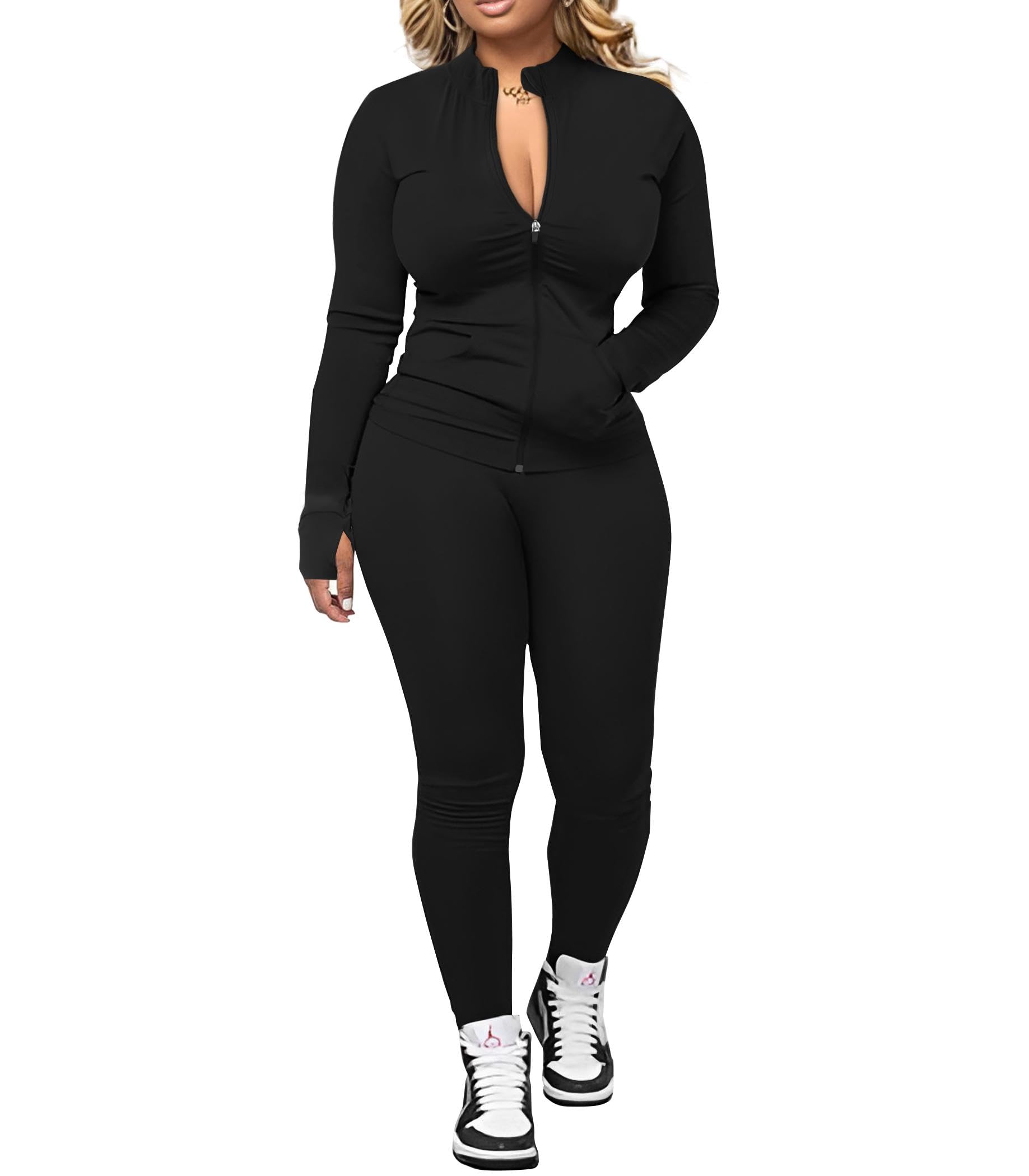 UOUA Women's 2-Piece Workout Sets - Long Sleeve Zip Up Jacket & Leggings Tracksuit for Gym, Yoga, Running & Casual Wear | Athletic Outfit for Women