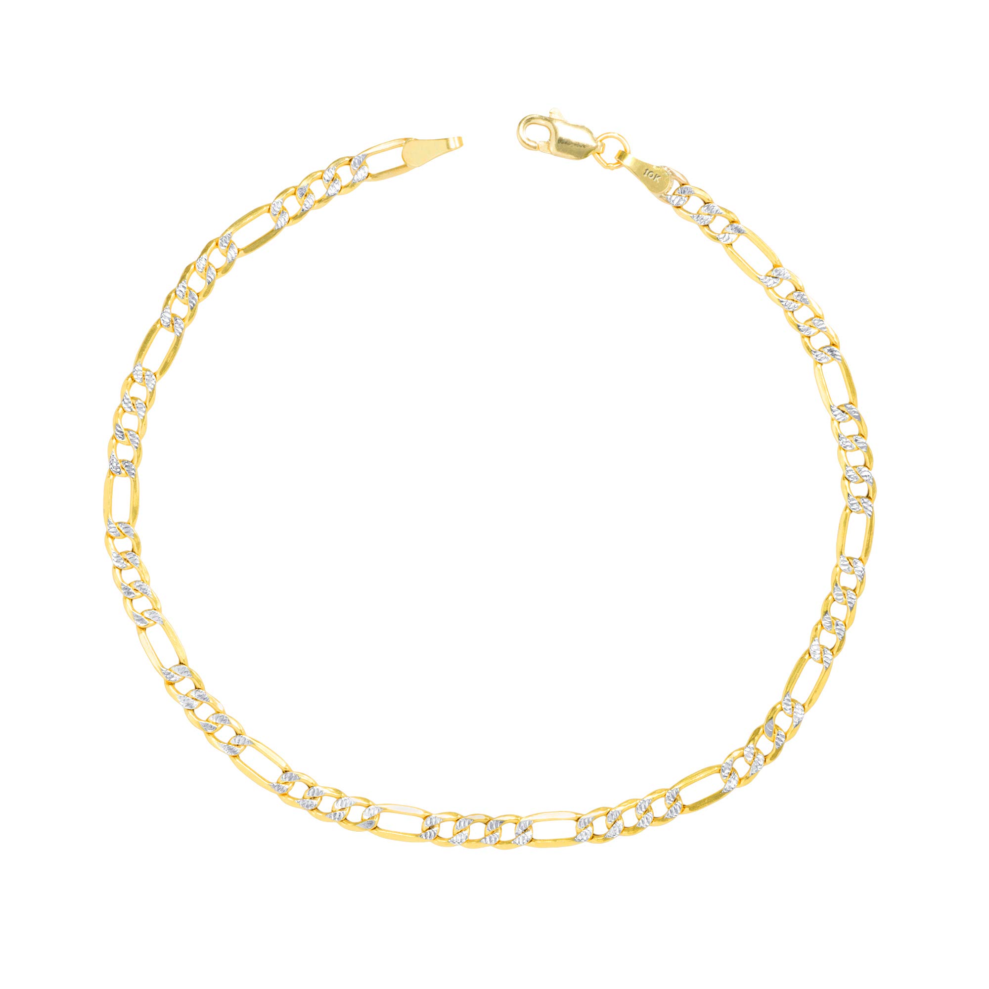 10k Real Yellow Gold Figaro Link Chain Bracelet or Anklet - 2.5mm Diamond Cut Pave Design - Two Tone Italian Jewelry for Men & Women (7