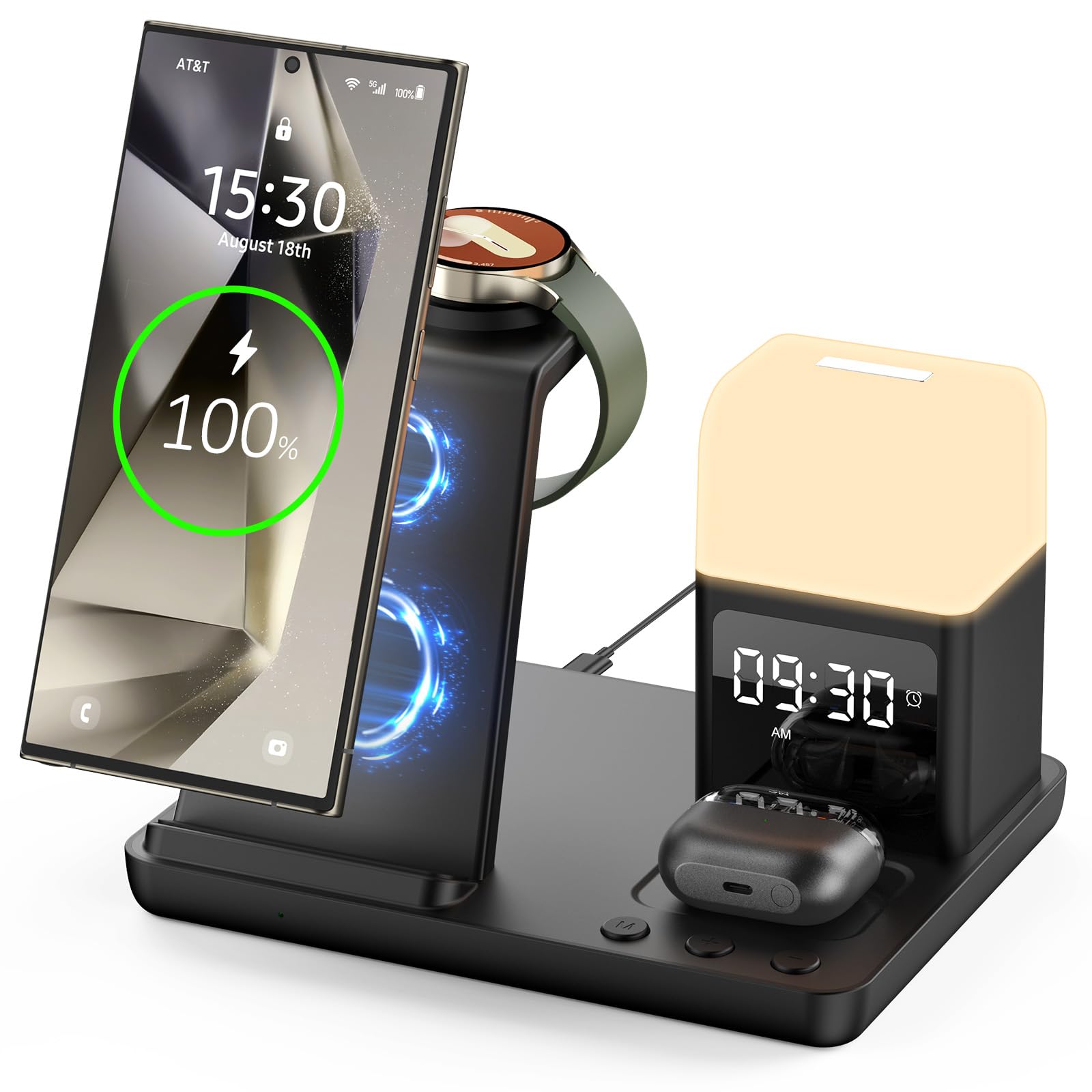 6-in-1 Wireless Charging Station for Samsung Galaxy S25/S24/S23 Ultra & Buds3 Pro - Fast Charger Stand with Alarm Clock & Night Light - Compatible with Galaxy Watch 7/6/5 (Black) | Perfect for Bedside, Office & Travel Charging
