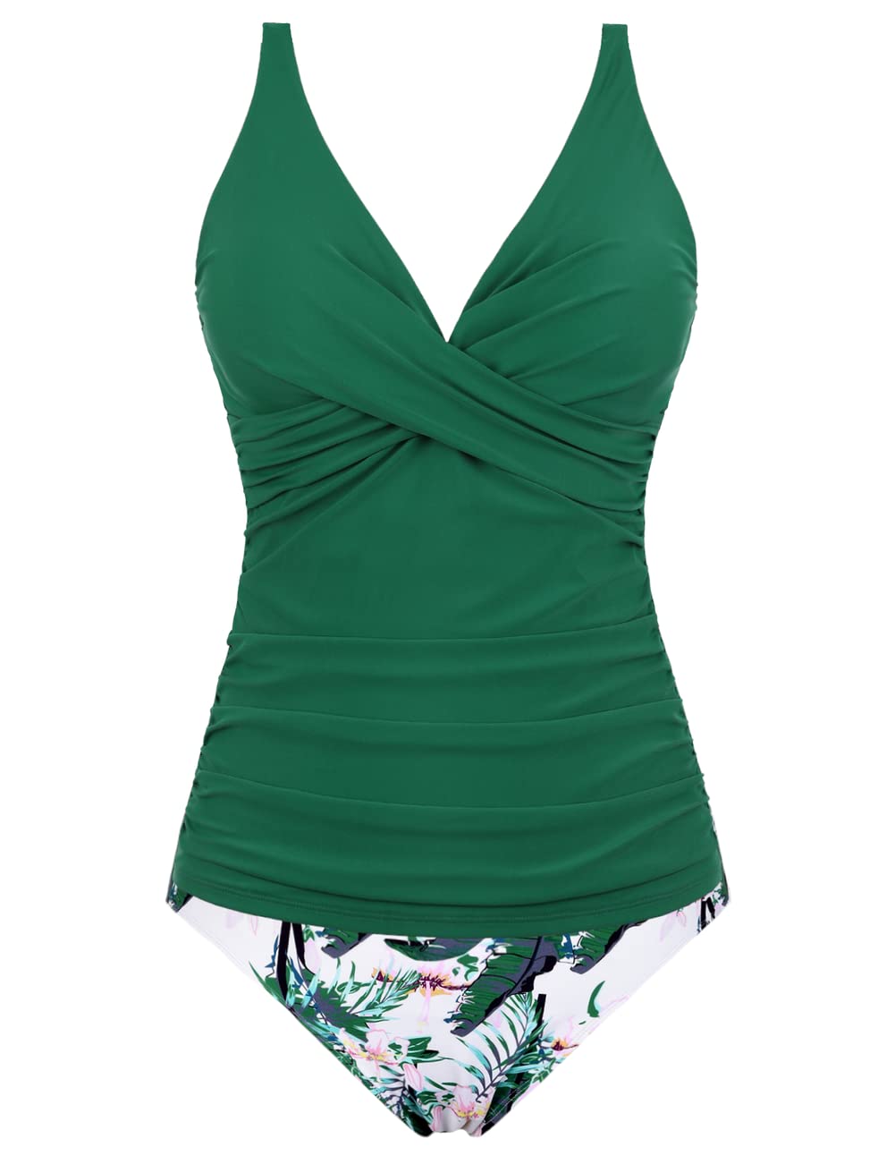 Hilor Women's Tankini Swimwear - Front Twist V Neck Bathing Suit Top with Tummy Control, Shirred Two Piece Bikini Set for Beach, Pool & Vacation