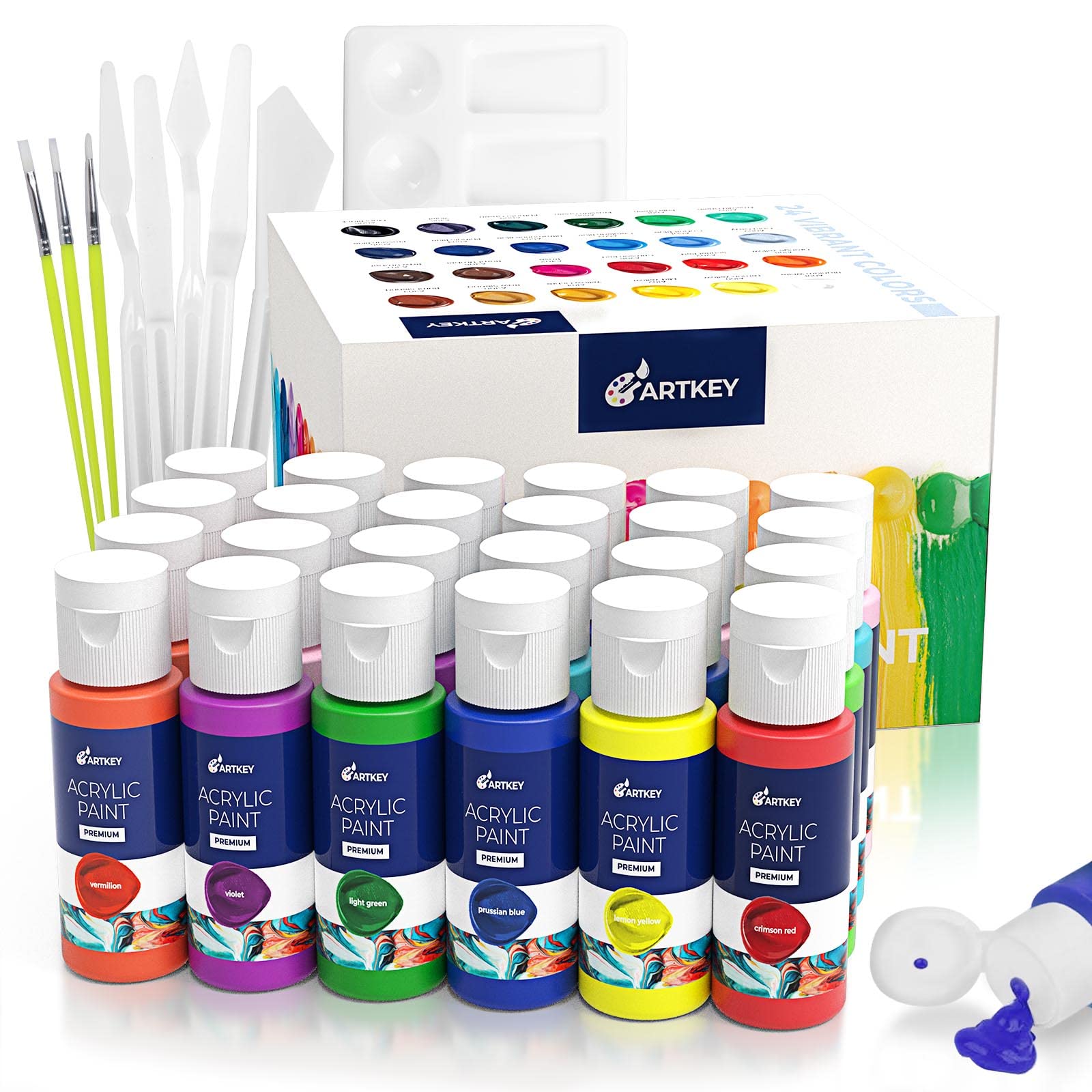 Artkey Professional Acrylic Paint Set - 24 Vibrant Colors (2oz/59ml Each) for Canvas, Fabric, Wood & More | Premium Artist Painting Kit for DIY Crafts, Home Decor & Gift Projects