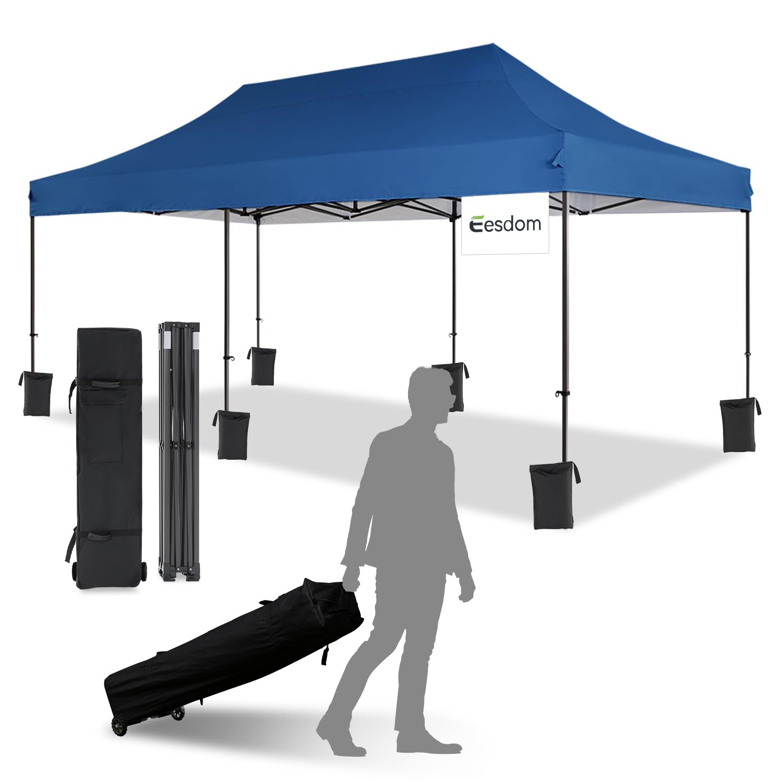 10x20 Commercial Pop Up Canopy Tent with Roller Bag - Adjustable Height Pull Ring Design - UPF50+ UV Protection - Includes 6 Stakes, 6 Sandbags & 6 Ropes - Perfect for Outdoor Events, Beach Parties, Farmers Markets, Camping & Backyard Gatherings - Blue