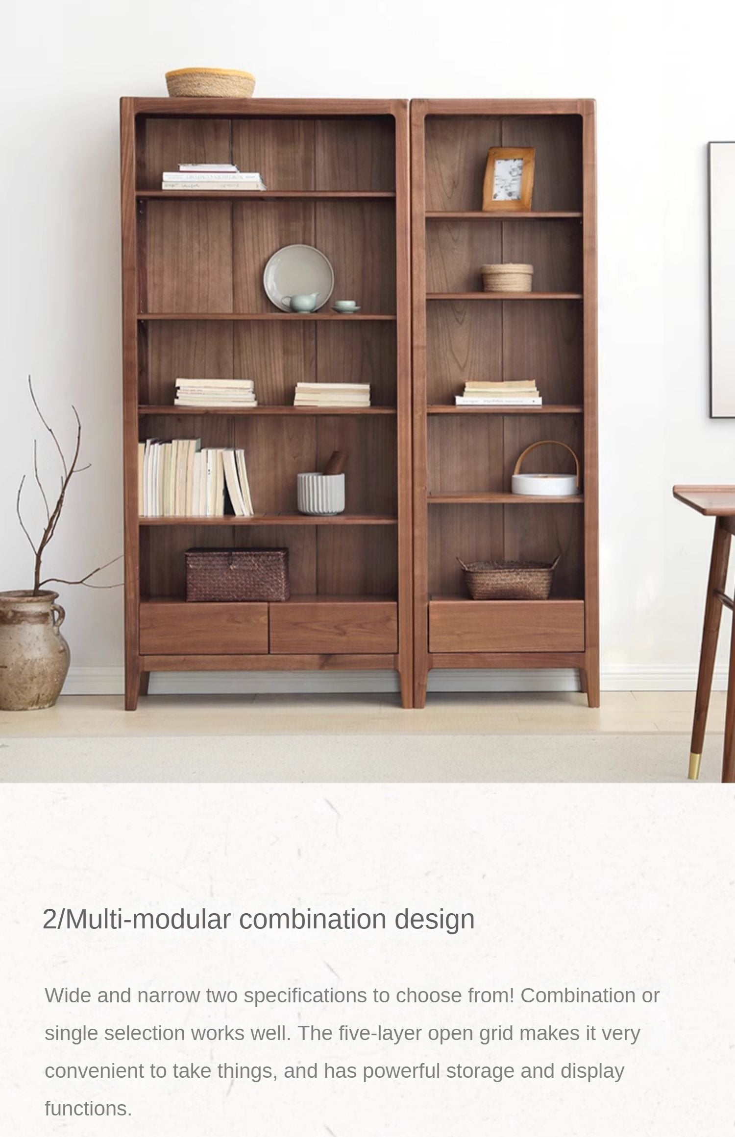 Premium Black Walnut Solid Wood Bookcase - Customizable Modular Bookshelf for Home Office, Living Room & Library Storage | Durable & Stylish Furniture for Books, Decor & Display