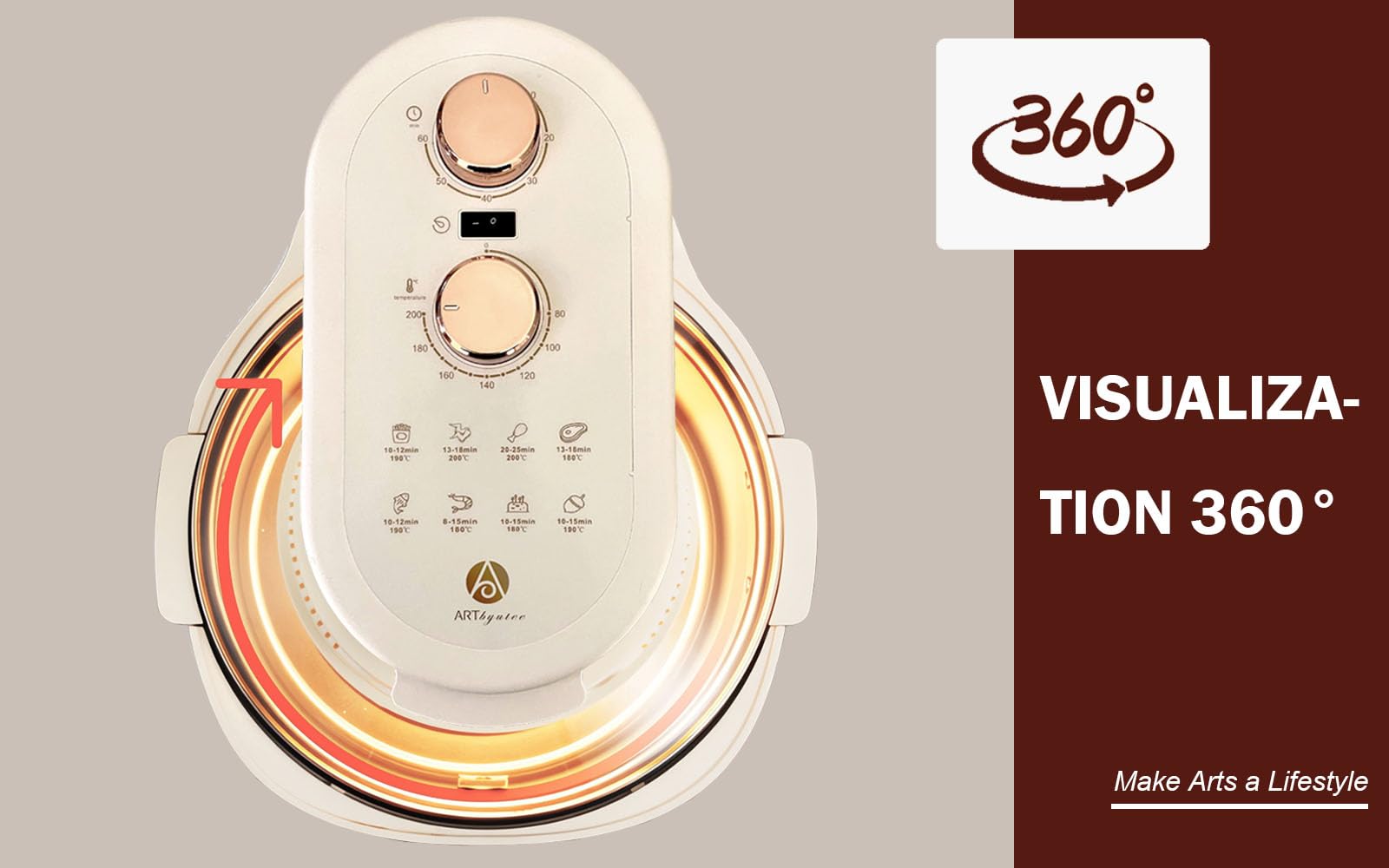 10-in-1 Multi-Function Glass Air Fryer with Rotating Basket - 8 Quart Large Capacity, Even Heating Technology, Visible Window & Explosion-Proof Design - White Gold & Beige Cream - Perfect for Healthy Cooking, Family Meals & Party Snacks