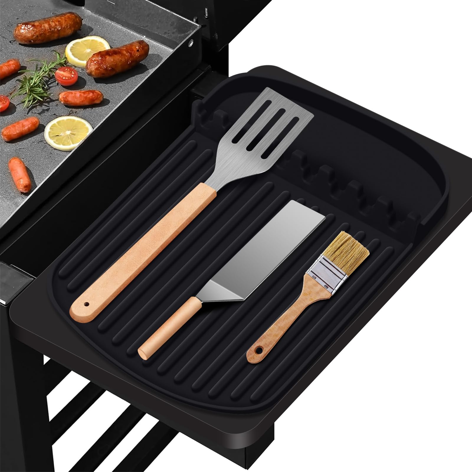 16.9 x 11.8 Inch Heat-Resistant Silicone Griddle Mat for Blackstone Grill - Spatula Holder with Drip Tray, Non-Slip BBQ Utensil Organizer - Perfect for Outdoor Cooking, Camping & Backyard BBQs