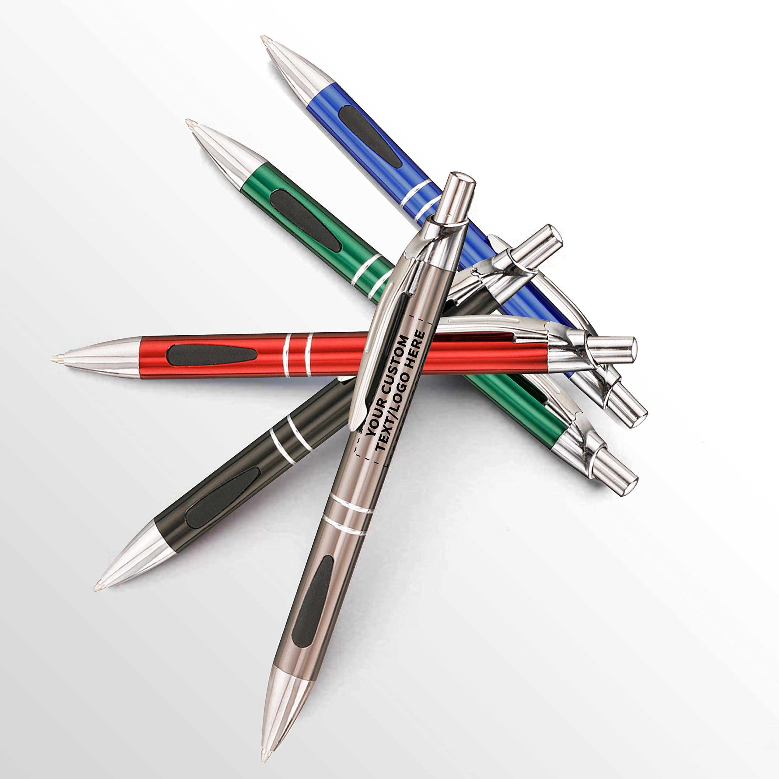 100 Pack Black Ink Metal Pens with Custom Text & Logo - Retractable Ballpoint Pens with Silver Accents - Premium Office & School Supplies for Business Gifts, Promotions & Everyday Writing
