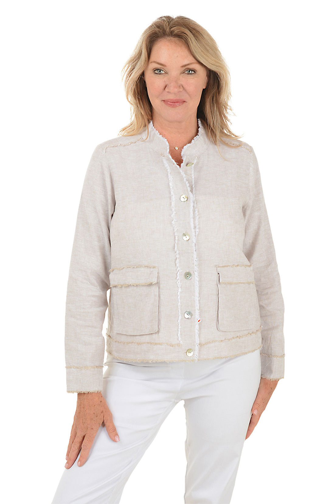 Frayed Double Pocket Linen Blend Jacket for Women - Lightweight Casual Blazer for Spring & Summer - Office Wear, Outdoor Activities & Date Nights