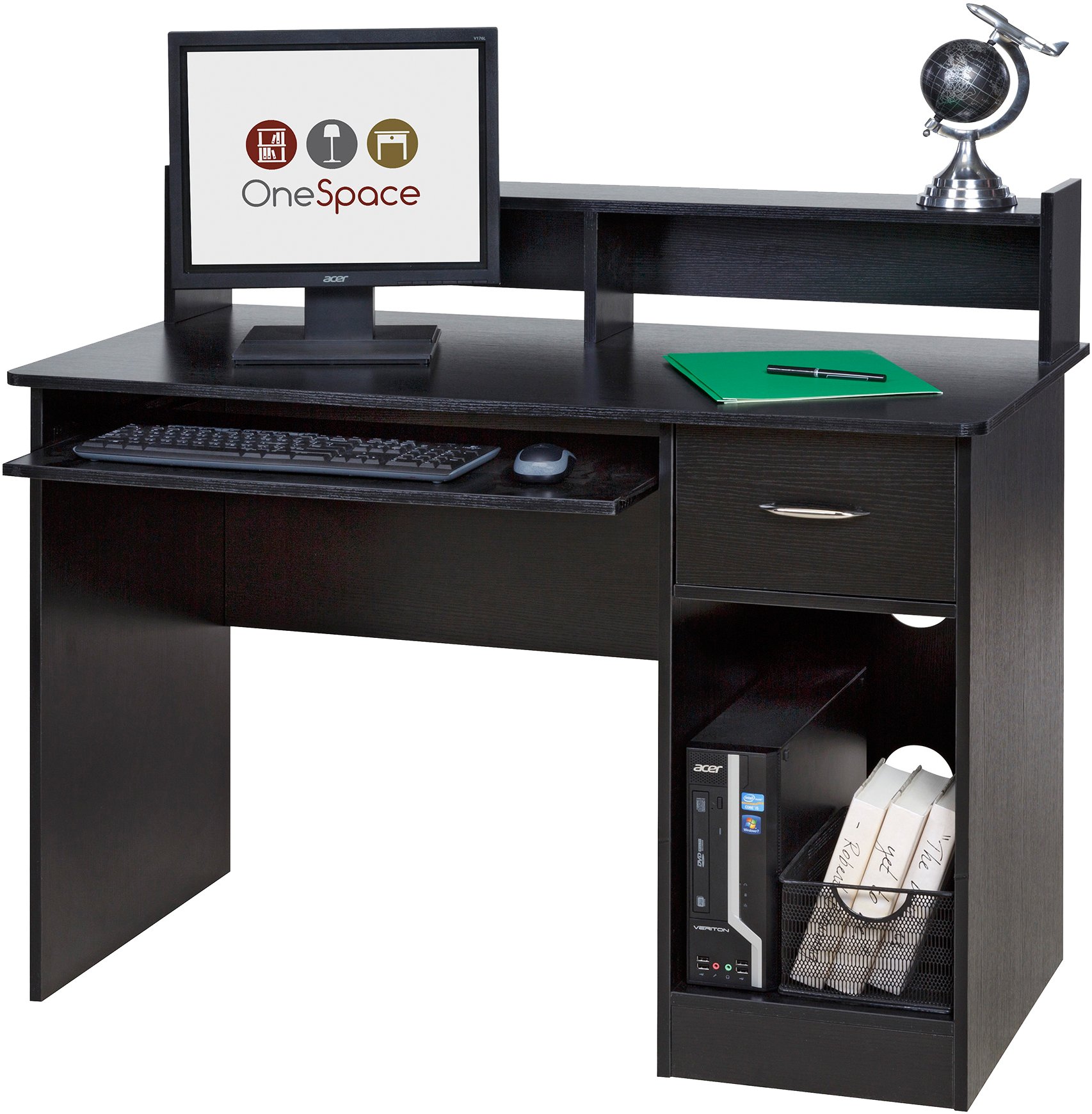 OneSpace Essential Computer Desk with Hutch & Pull-Out Keyboard - Black | Home Office Desk for Work, Study & Gaming | Compact Writing Desk for Small Spaces