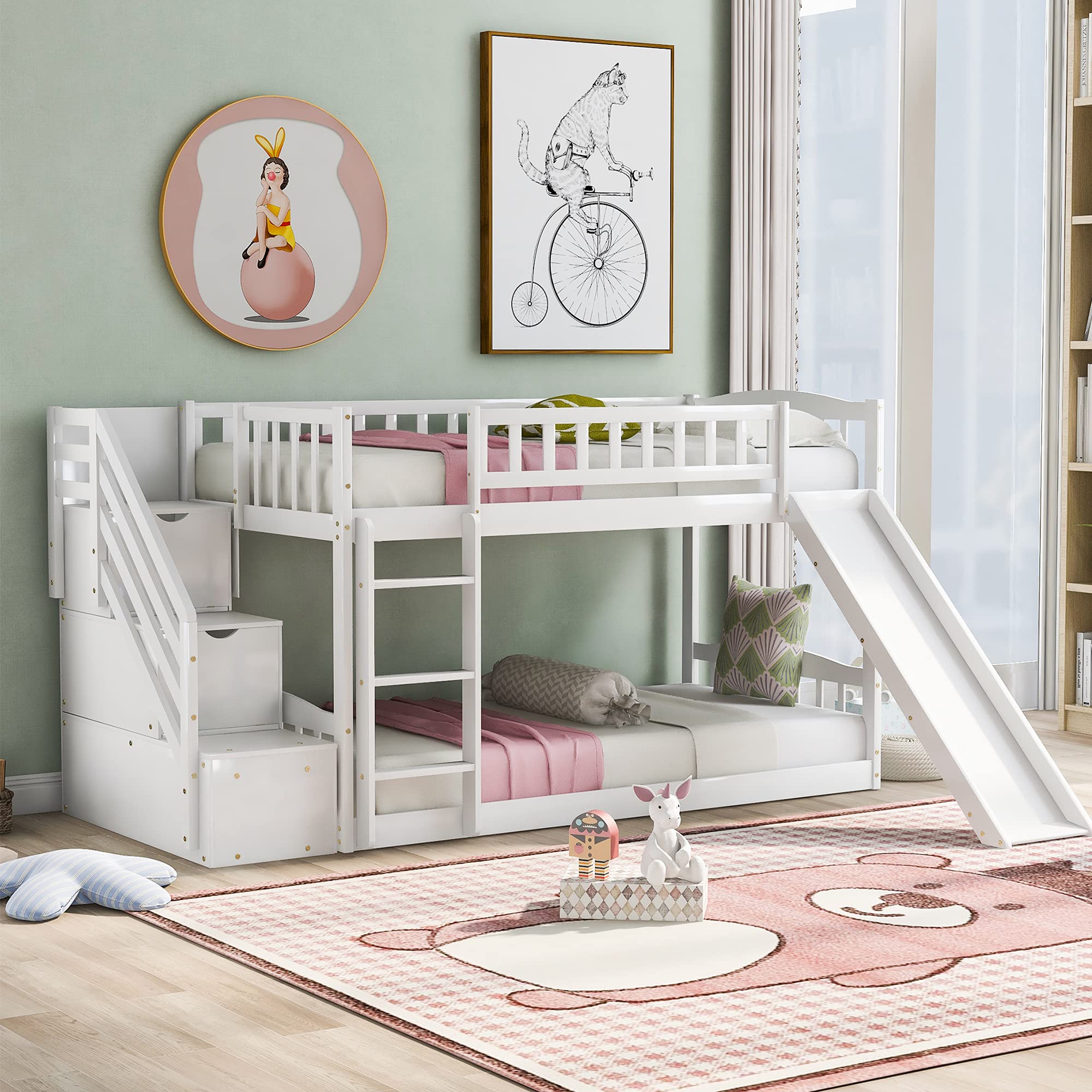 Kids Wooden Twin Over Twin Low Bunk Bed with Slide, Ladder & Storage Drawers - Space-Saving Bed Frame for Boys & Girls - Perfect for Small Bedrooms, Shared Kids Rooms & Sleepovers (White)