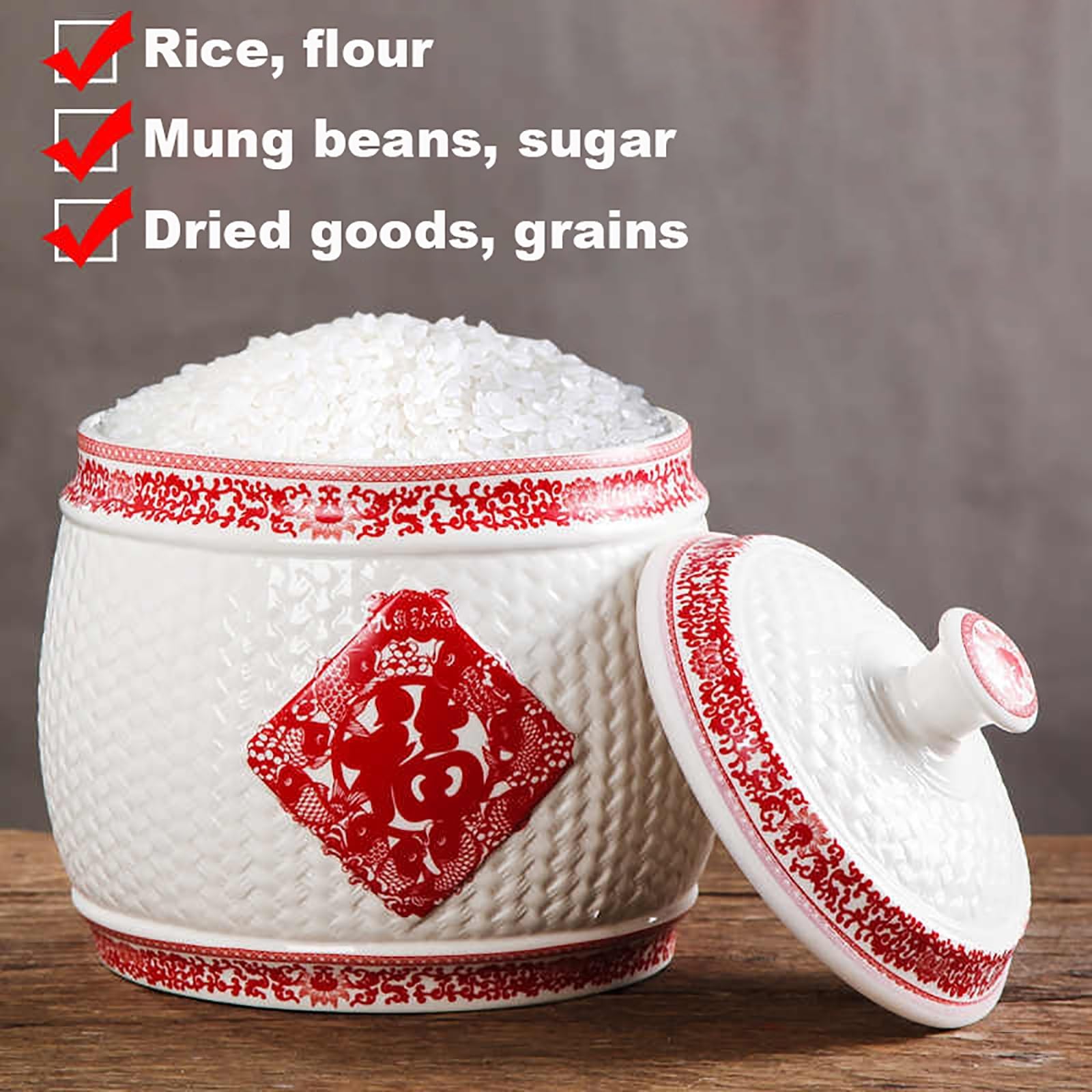 Premium Ceramic Rice Storage Container - Large Airtight Grain Dispenser with Tassel Design for Rice, Coffee Beans, Snacks & Dry Food (10L Capacity) | Perfect for Kitchen Pantry Organization & Bulk Food Storage
