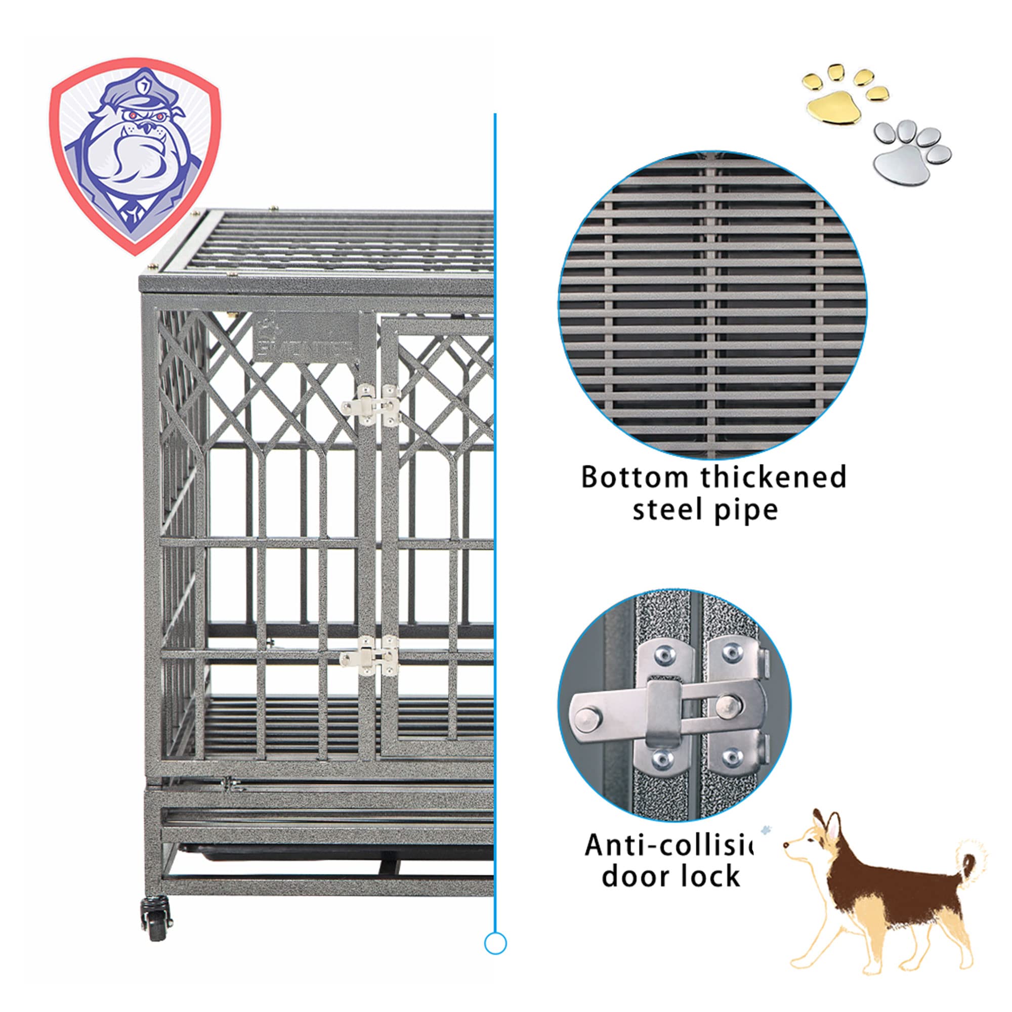 Heavy Duty Dog Cage for Large Dogs - 38 Inch Strong Metal Kennel & Crate with 3 Doors, 4 Wheels, Y-Shape Design - Perfect for Home, Travel & Outdoor Use - Silver Pet Playpen