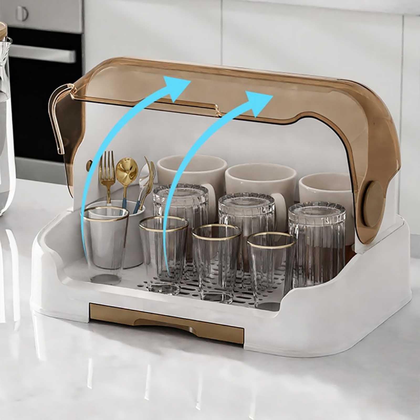 Baby Bottle Drying Rack with Lid & Removable Drain Tray - Dustproof Bottle Organizer for Kitchen, Plates, Cups & Cutlery - Perfect for Nursery, Daycare & Home Use