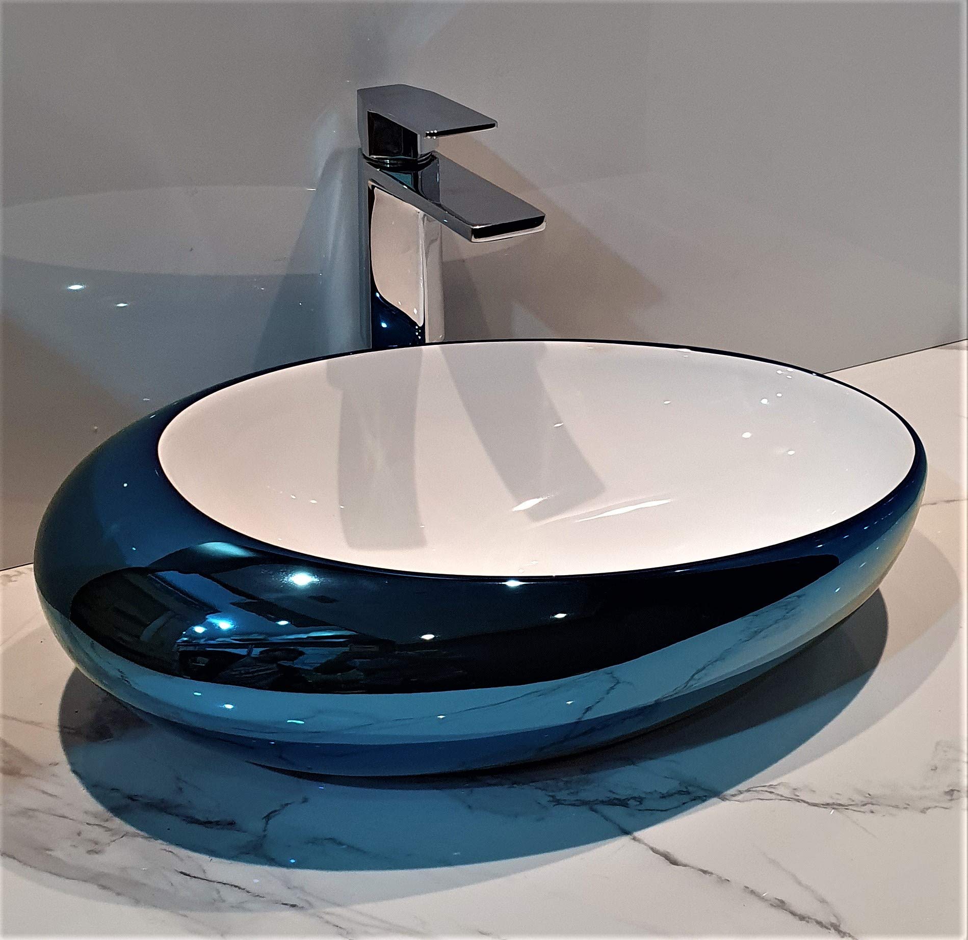 Premium Ceramic Oval Designer Vessel Sink - 19x12 Inch Countertop Bathroom Basin in Blue & White - Perfect for Modern Vanities, Powder Rooms, and Luxury Home Decor