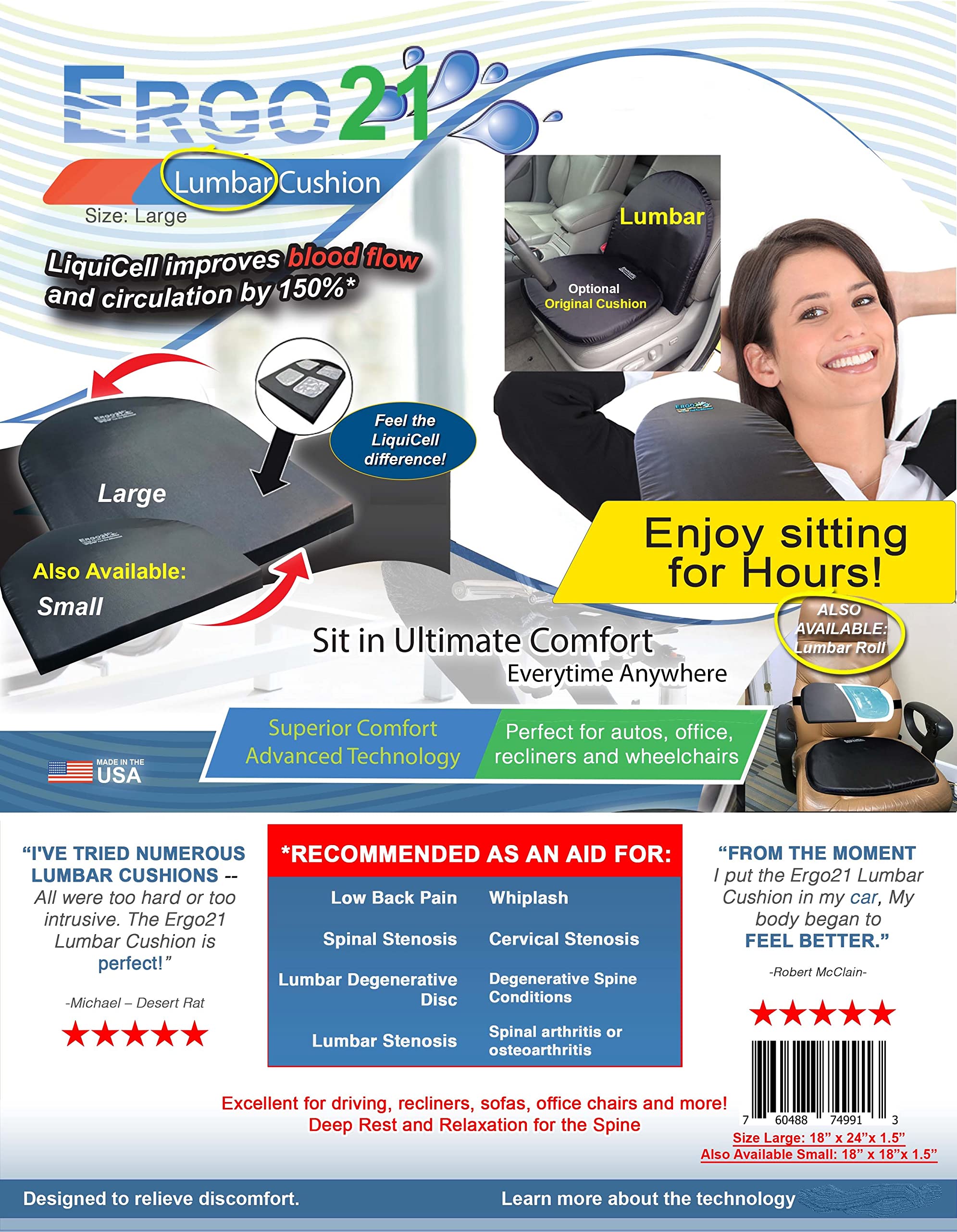 Ergonomic Lumbar Support Pillow for Office Chair & Car Seat - Memory Foam Back Cushion for Lower Back Pain Relief - Small Size (18
